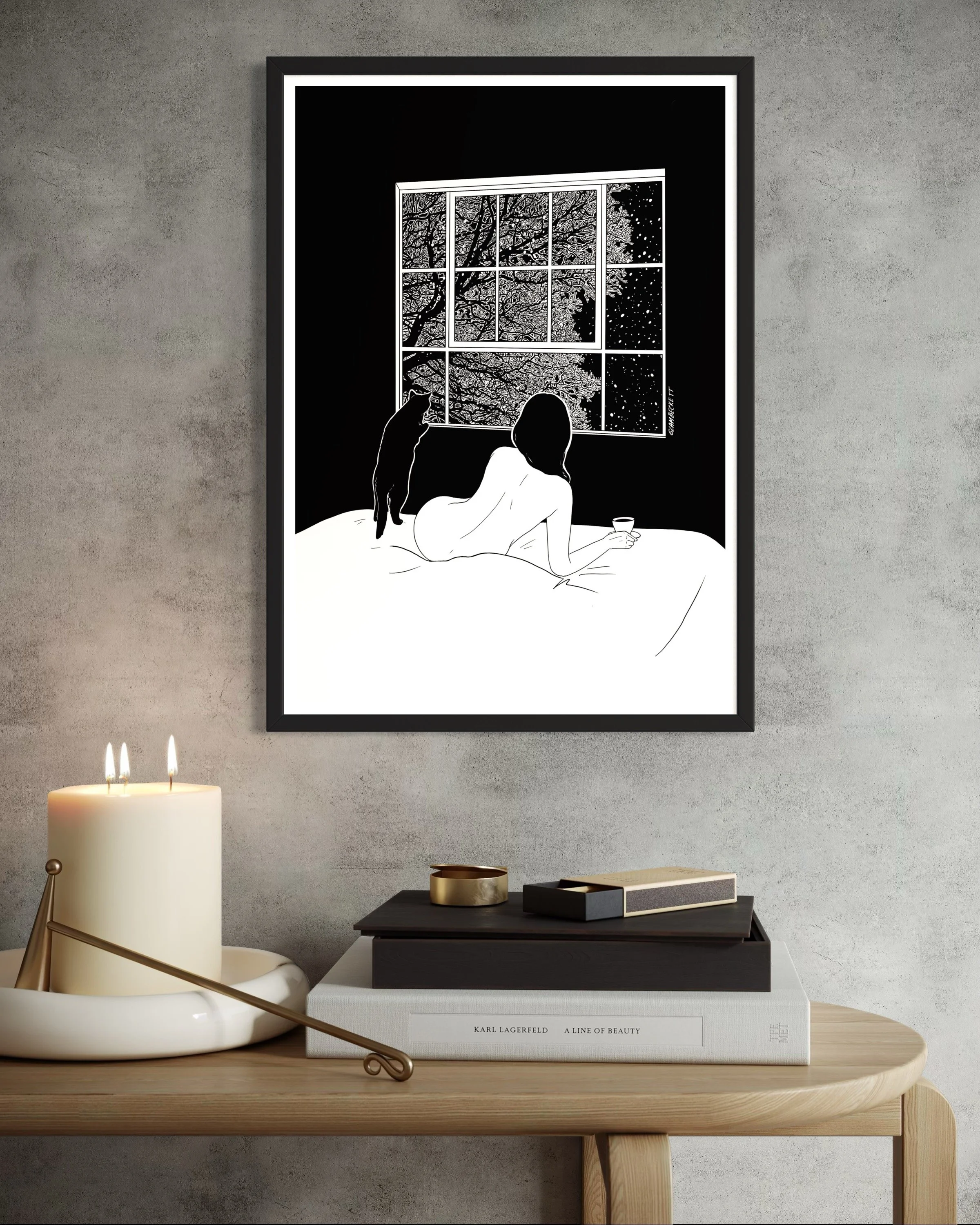 First Snow, black and white drawing of a woman lying on a bed with a black cat,  melancholy bedroom wall art
