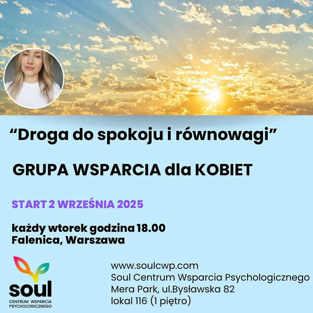Flyer advertising a women's support group meeting with a background image of colorful knitted stools and seats, a circular photo of a smiling woman, and text with meeting details in Polish.