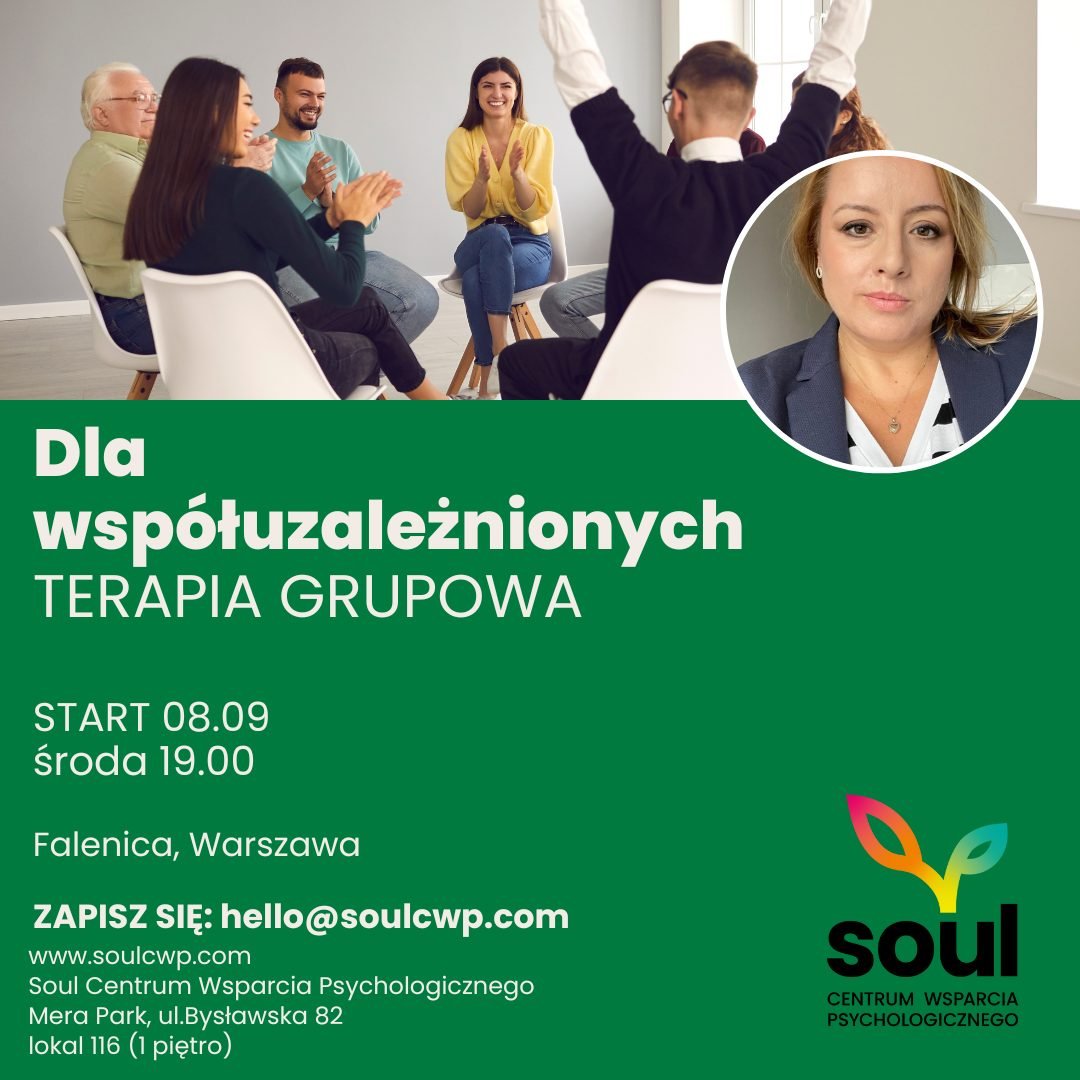 A group of people sitting in a circle in a therapy session, clapping and smiling, with a female therapist leading the session, and a portrait of a woman, possibly the therapist, in a circular inset. The poster promotes group therapy for co-dependents in Warsaw, starting September 8th, with registration at hello@soulcwp.com.