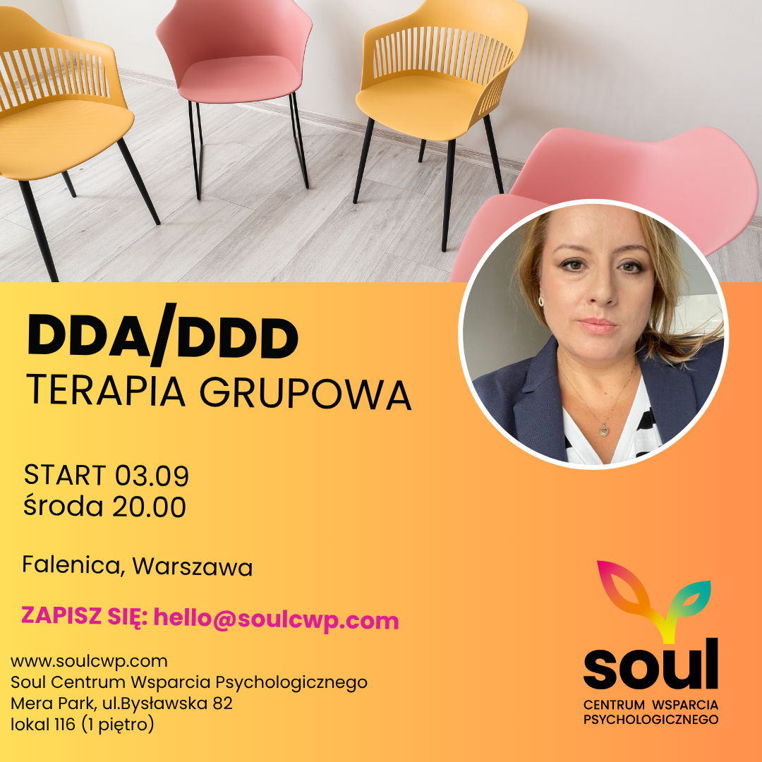 Colorful chairs on a wooden floor with a poster for group therapy for DDA/DDD, featuring a woman's photo and event details in Polish.