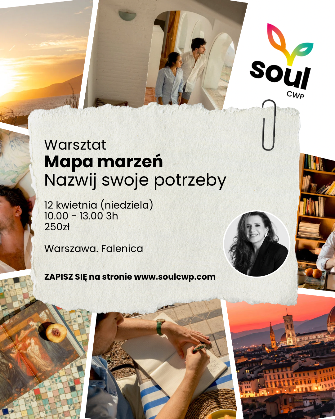 Plakat warsztatu Mapa marzeń – nazwij swoje potrzeby, 12 kwietnia godz. 10:00, prowadzi Agata Wójcik, Soul CWP Falenica