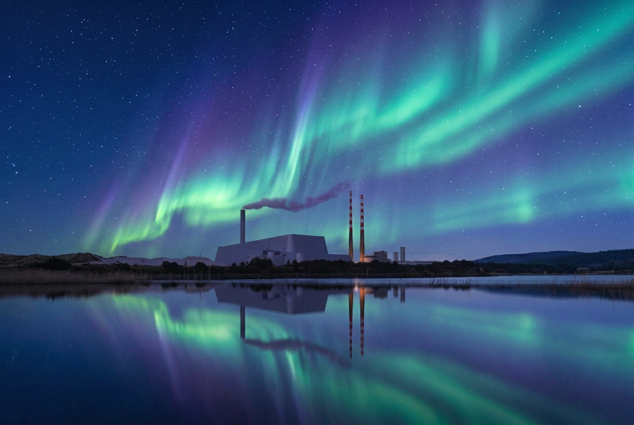 Northern lights over a power plant with three smokestacks, reflection on a body of water at night, starry sky.