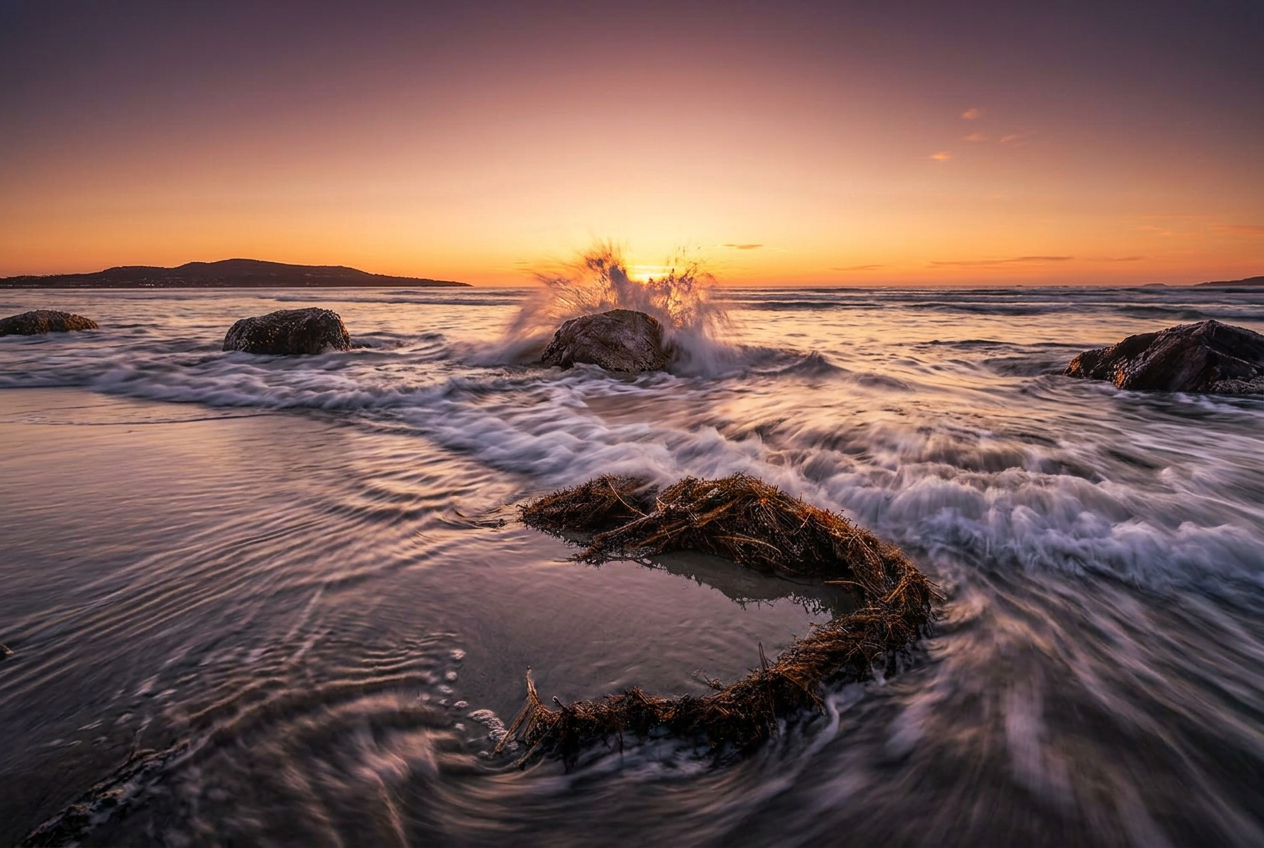 Firefly_want to little bit more water rush toward the rock and sky a sunset evening  333650.png