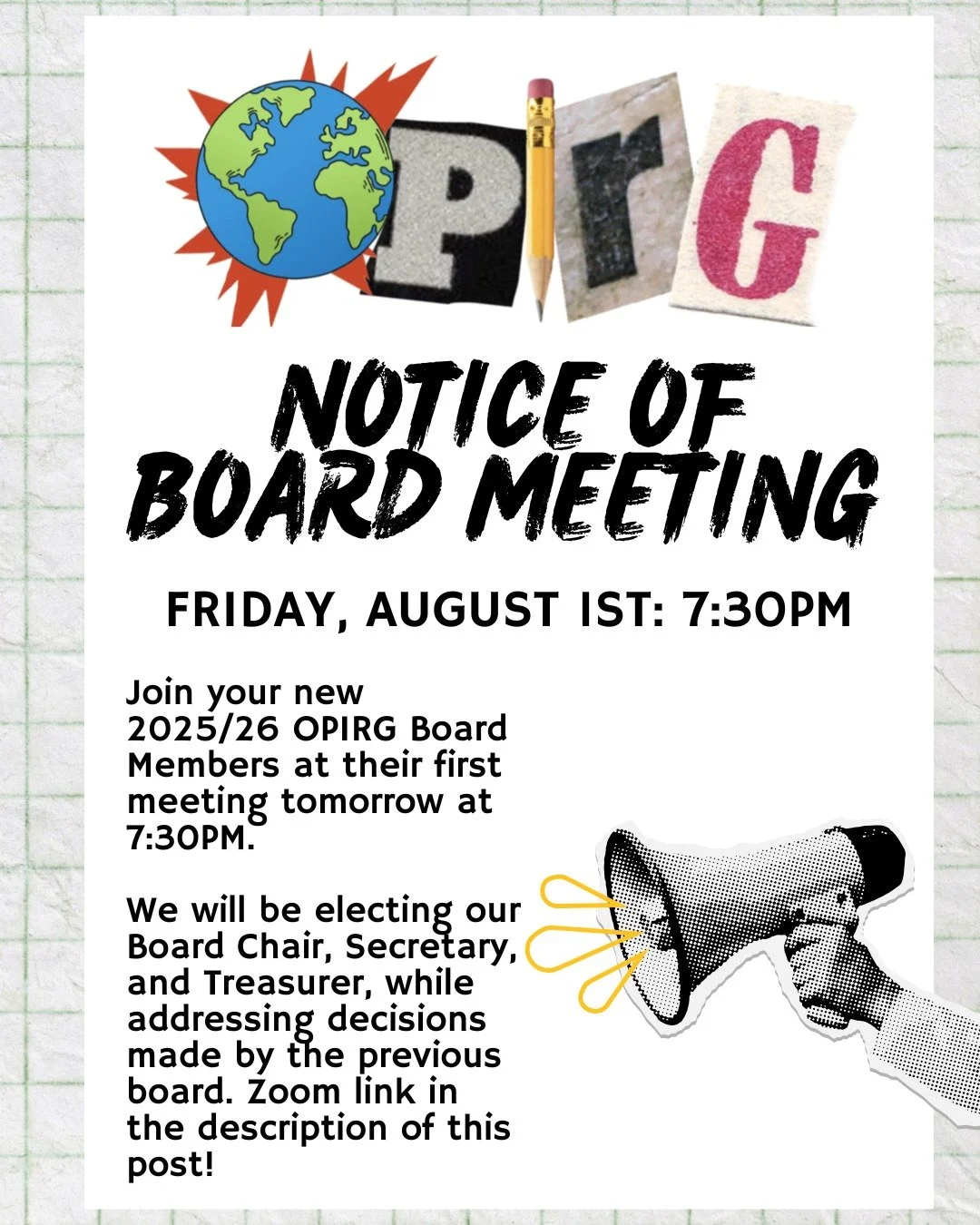 *Meeting link also in bio*

Join your new 2025/26 OPIRG Board Members at their first meeting tomorrow at 7:30PM. We will be electing our Board Chair, Secretary, and Treasurer, while addressing decisions made by the previous board. Zoom link here: htt