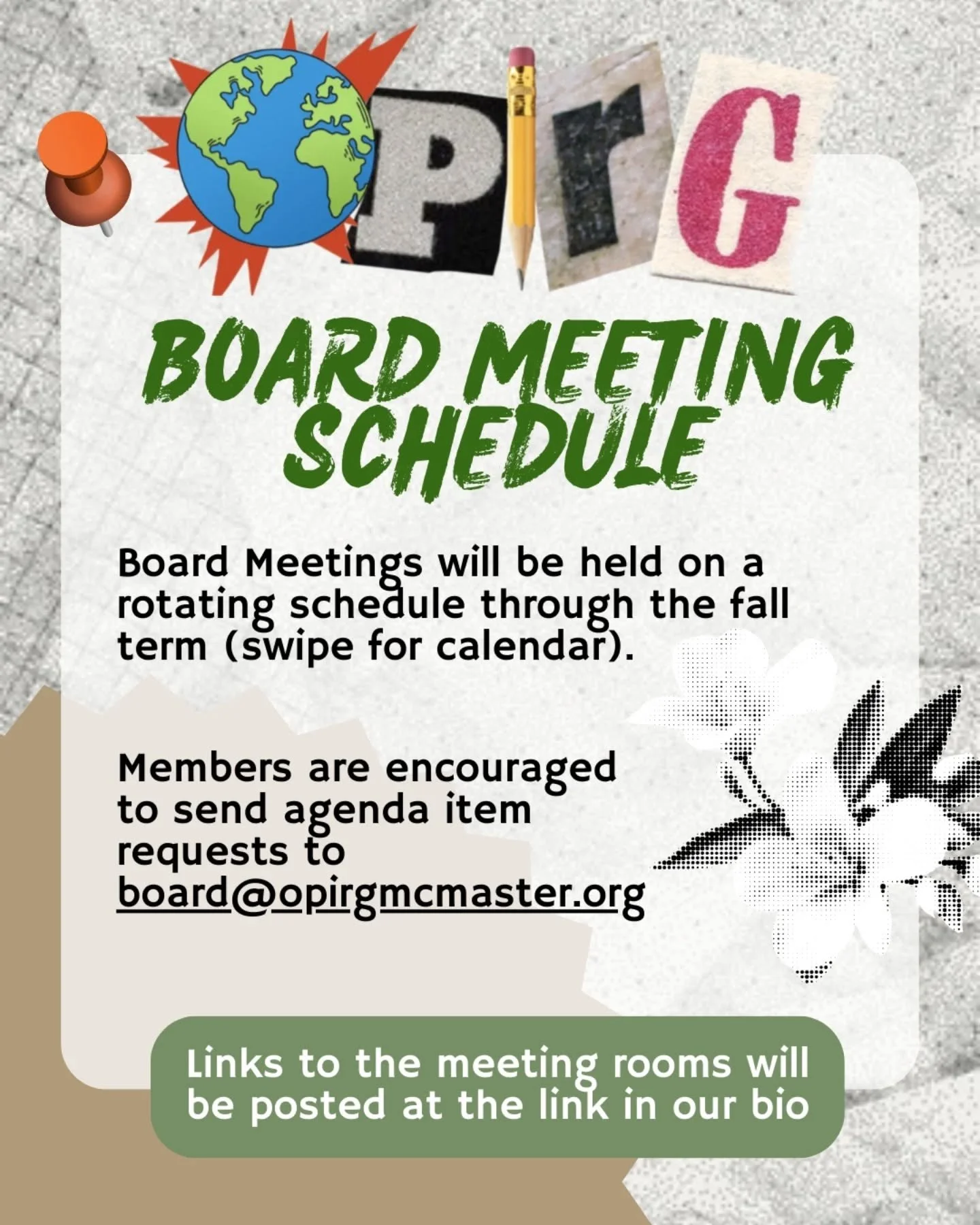 Please see the schedule for our fall term board of directors meetings.

Anyone can attend! Meeting links will be posted to our bio.

Please email board@opirgmcmaster.org for agenda submissions.