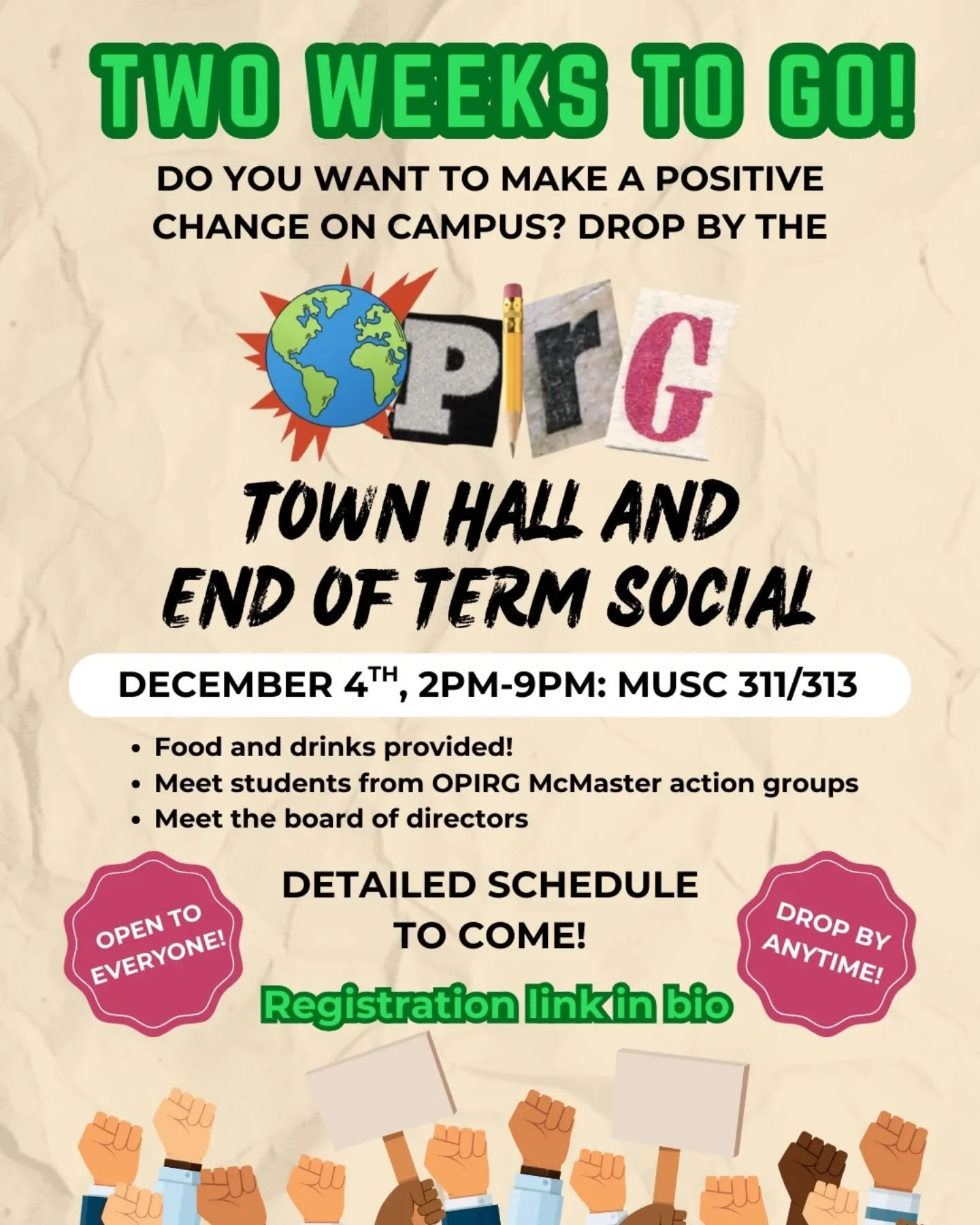 Two weeks to go before the OPIRG McMaster town hall and end of term social.

Everyone is welcome!

Help us estimate attendance by registering at the link in our bio or go to:
tinyurl.com/2025opirgtownhall
