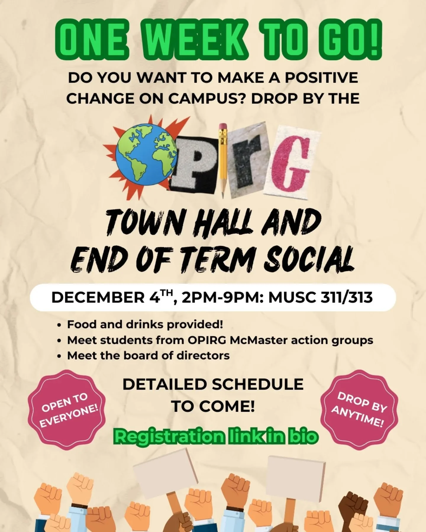 One week to go before the OPIRG McMaster town hall and end of term social!

Everyone is welcome!

Help us estimate attendance by registering at the link in our bio or go to:
tinyurl.com/2025opirgtownhall