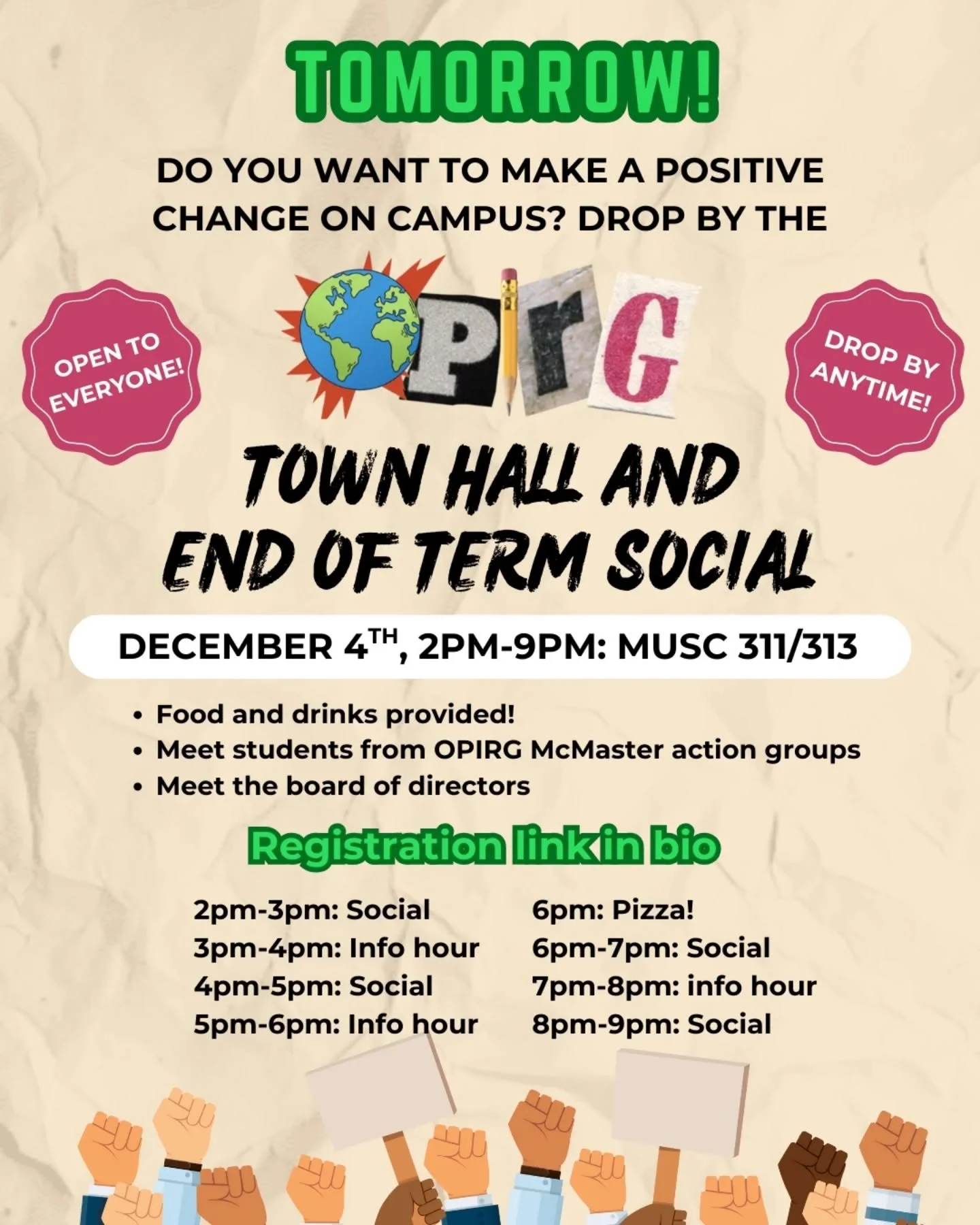 The OPIRG McMaster town hall and end of term social is TOMORROW!

Everyone is welcome!

Help us estimate attendance by registering at the link in our bio or go to:
tinyurl.com/2025opirgtownhall