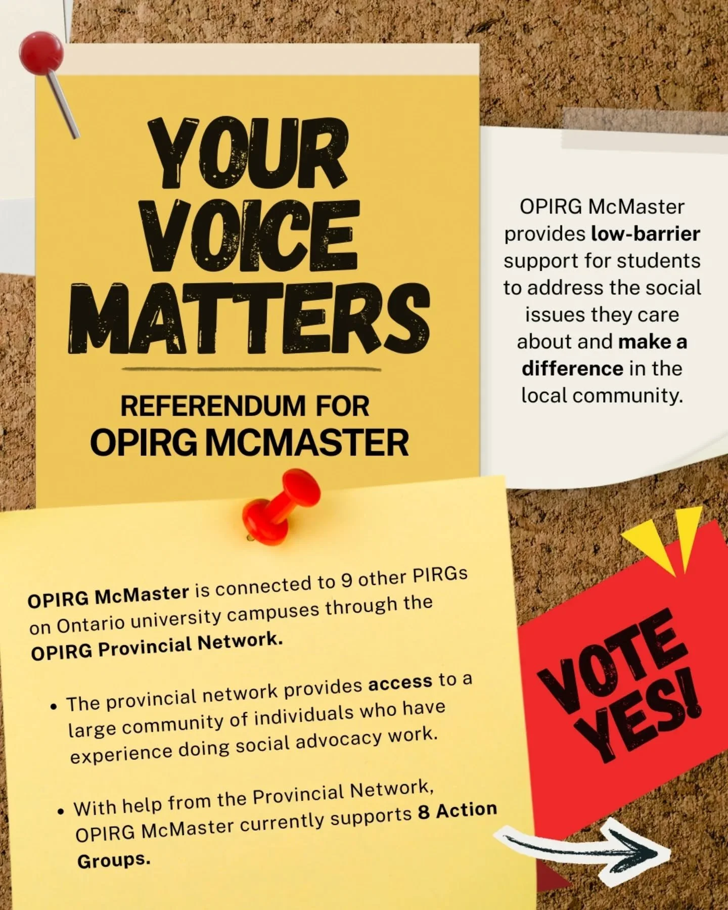 VOTE YES in the upcoming OPIRG McMaster referendum. Commit to vote at tinyurl.com/voteyesOPIRG2026 (link in bio).

Official voting runs from January 27 to January 29 at 4:30pm!

OPIRG McMaster provides low-barrier, easy-to-access support for students