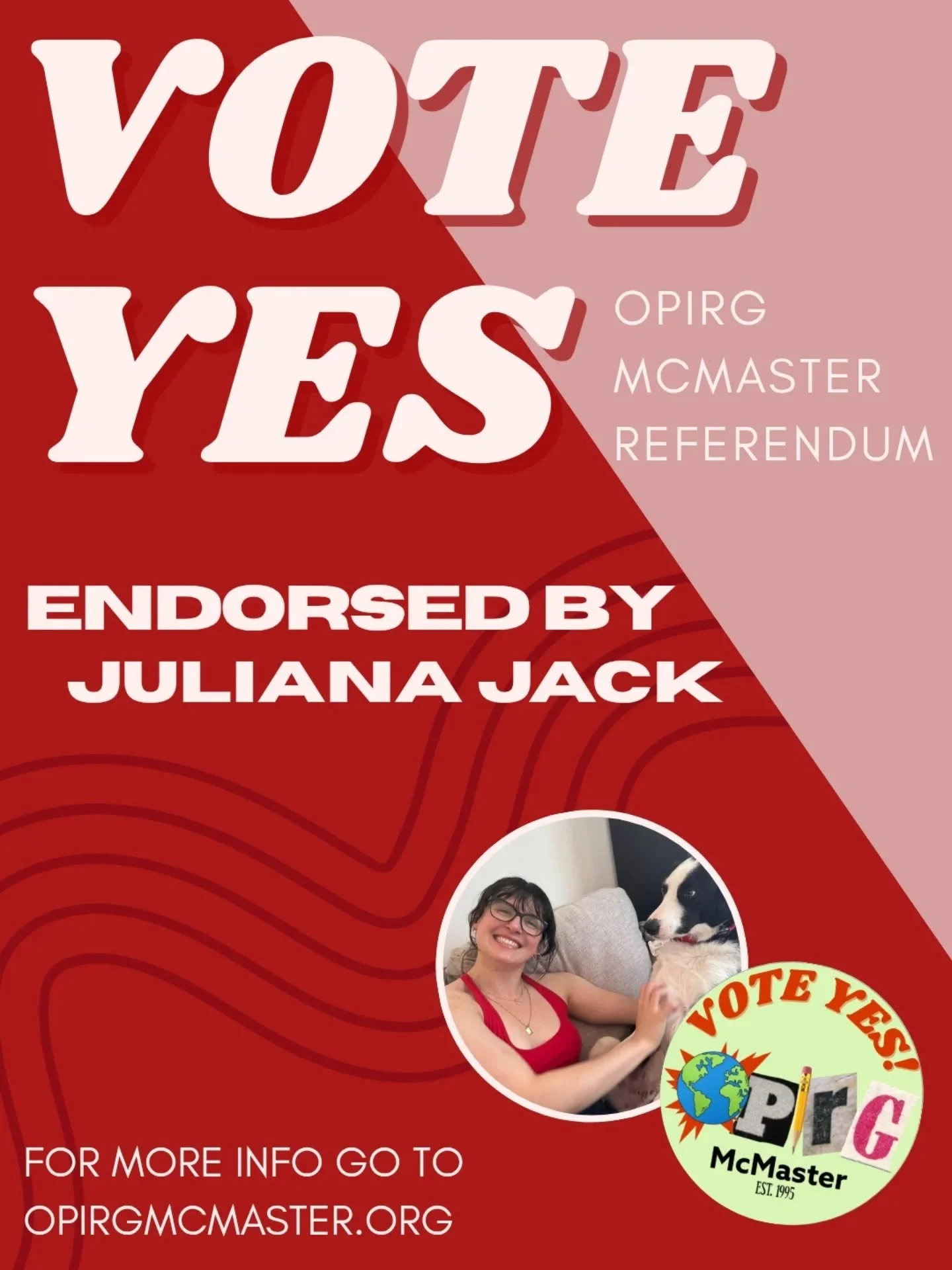 Juliana Jack (@jjformsuprez) supports VOTE YES ✅ in the upcoming OPIRG McMaster referendum.

Commit to vote at tinyurl.com/voteyesOPIRG2026 (link in bio).

Official voting starts tomorrow! January 27 to January 29 at 4:30pm!

OPIRG McMaster provides 