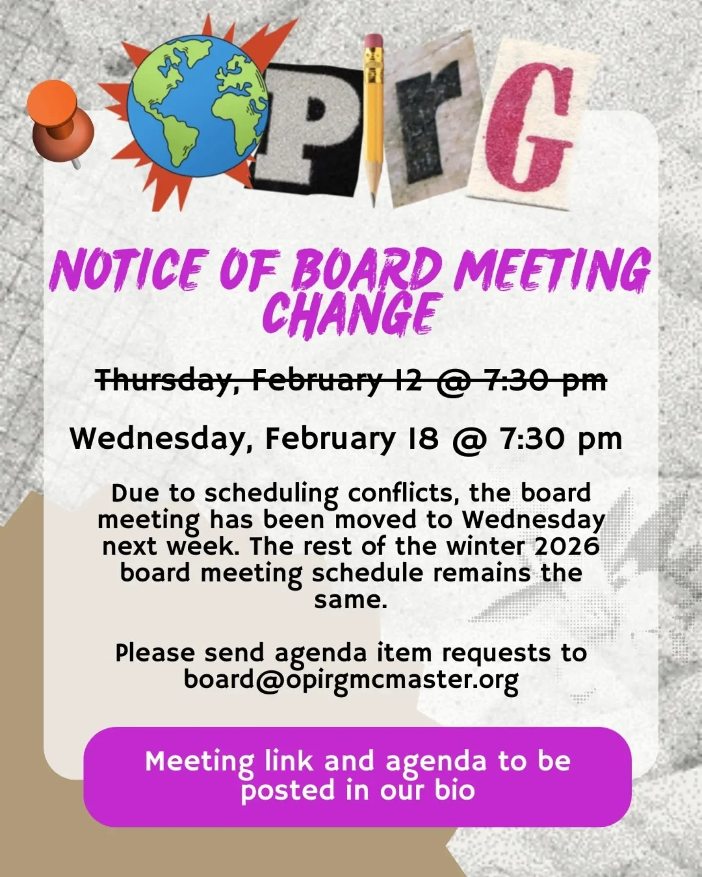 Due to scheduling conflicts, the board meeting has been moved to Wednesday next week. The rest of the winter 2026 board meeting schedule remains the same.

Good luck on the pre-reading week midterms everyone! 🫡