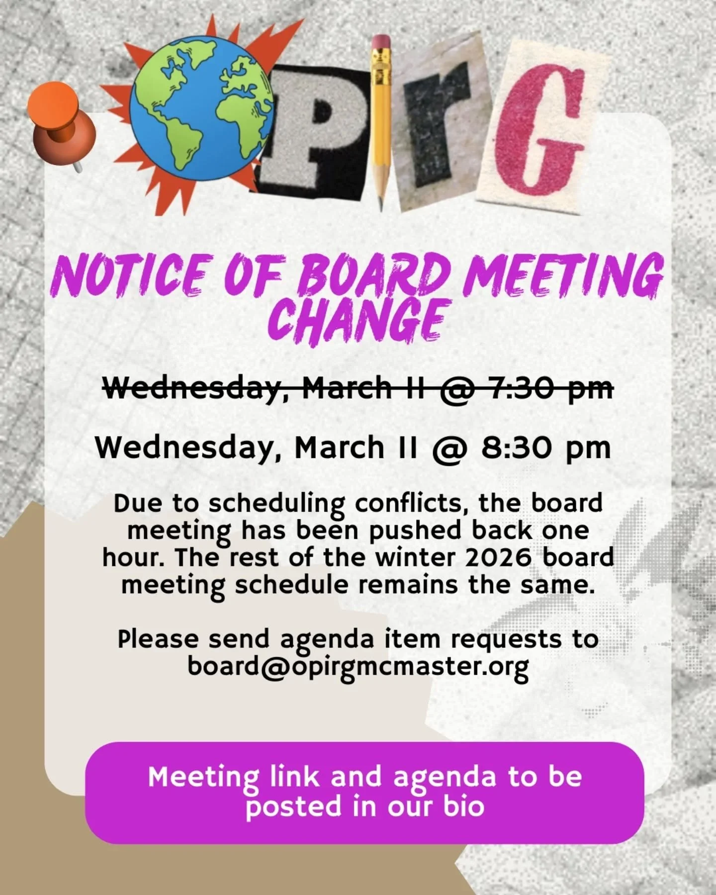 Due to scheduling conflicts, the board meeting scheduled for tomorrow has been pushed back one hour to 8:30pm.

Online meeting link can be found in our bio.