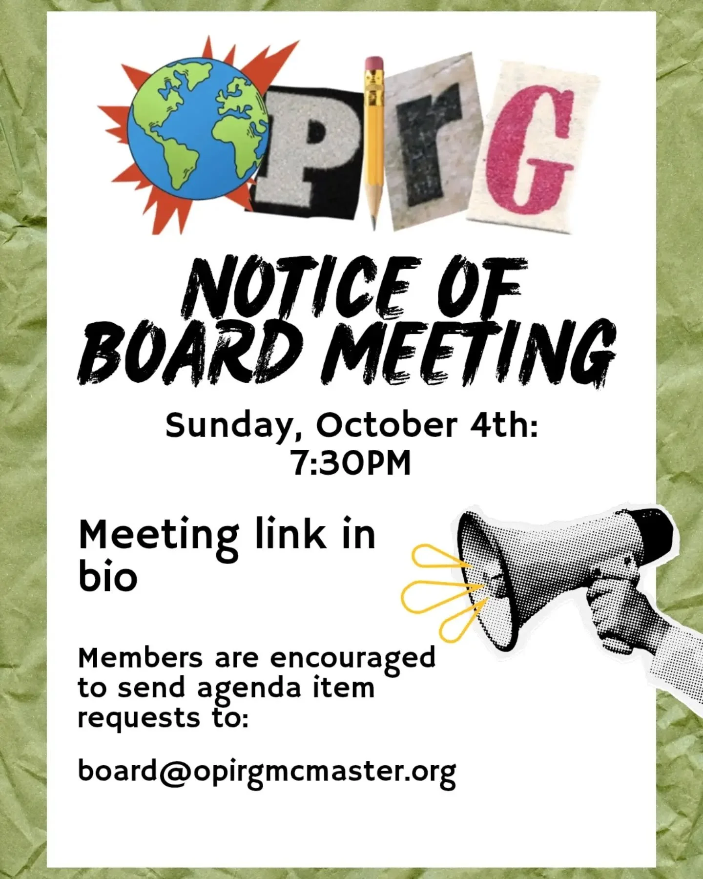 Our next board meeting will be Sunday, October 4 @ 7:30pm.

The online meeting link is in our bio.

Please send agenda item requests to board@opirgmcmaster.org.