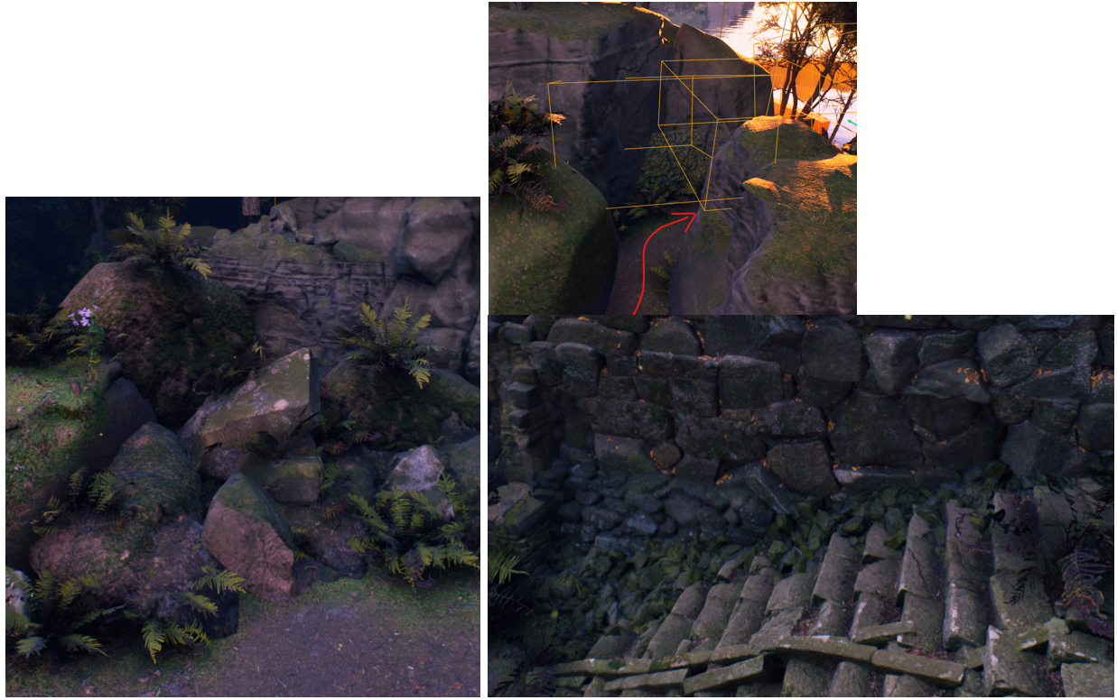 added camera blocking volumes to aid transitions and rubble and scree assets to insinuate the degradation of the environment
