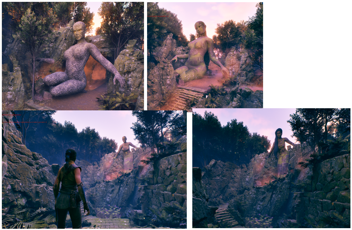 experiments, settled on a standing statue