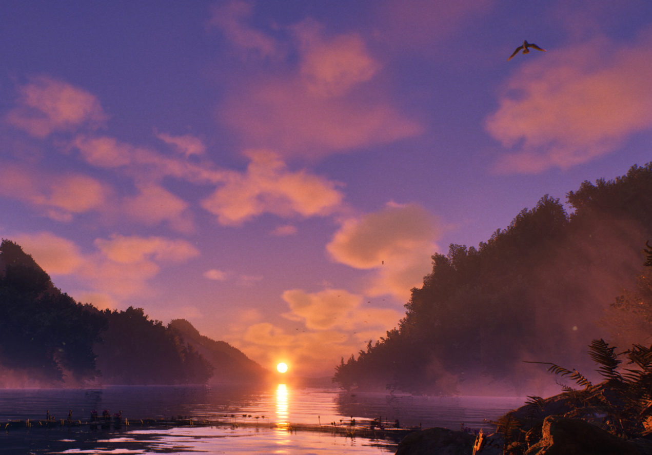 added life to the scene: birds, movement to the ferns, moving underwater plants, warping fog cards and extra sound integration