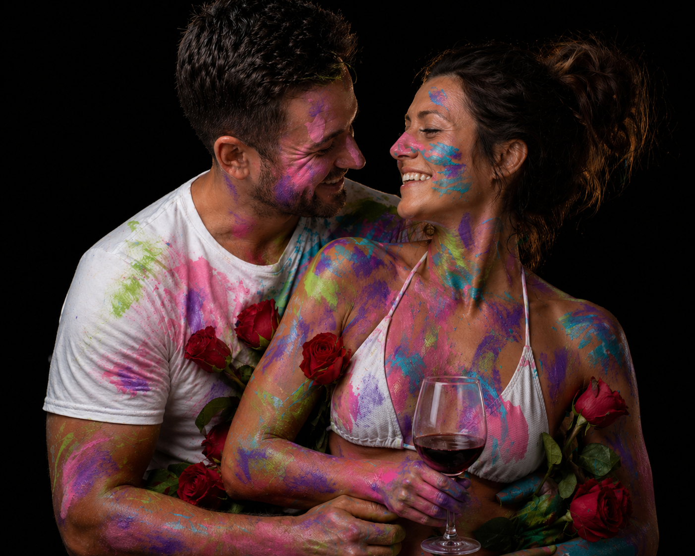 Couple covered in colorful paint and holding roses during a romantic Passion Prints couples art experience at Pineapple Picasso in Cape Coral, Florida.