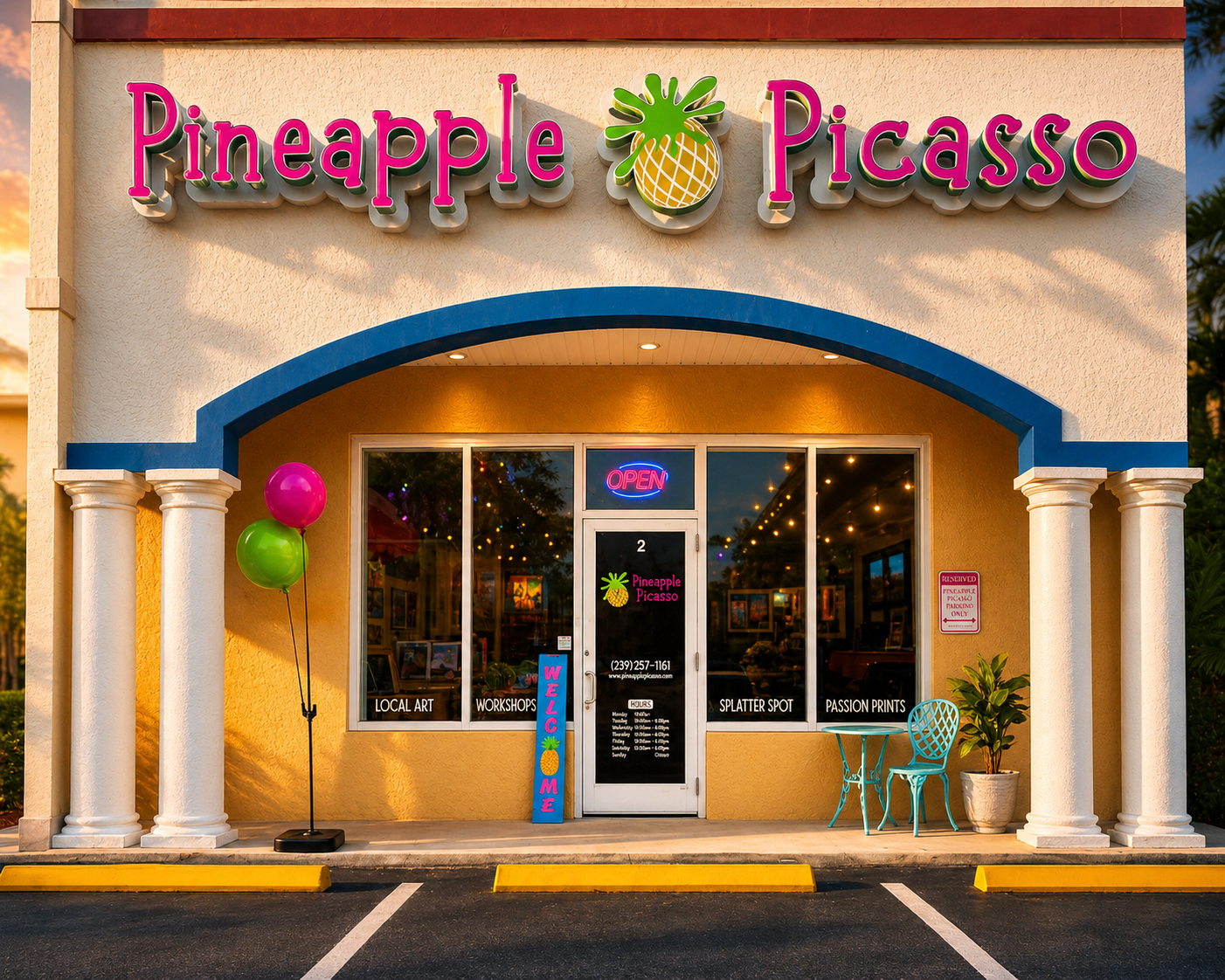 Pineapple Picasso storefront in Cape Coral with colorful signage and art studio entrance