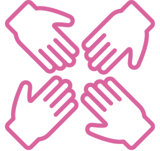 Pink community hands icon representing teamwork, inclusion, connection, and the welcoming creative community at Pineapple Picasso in Cape Coral, Florida.