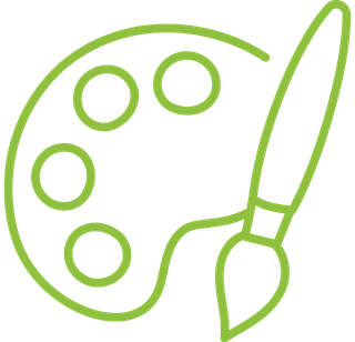 Green art palette and paintbrush icon representing creativity, art classes, workshops, and hands-on painting experiences at Pineapple Picasso in Cape Coral, Florida.
