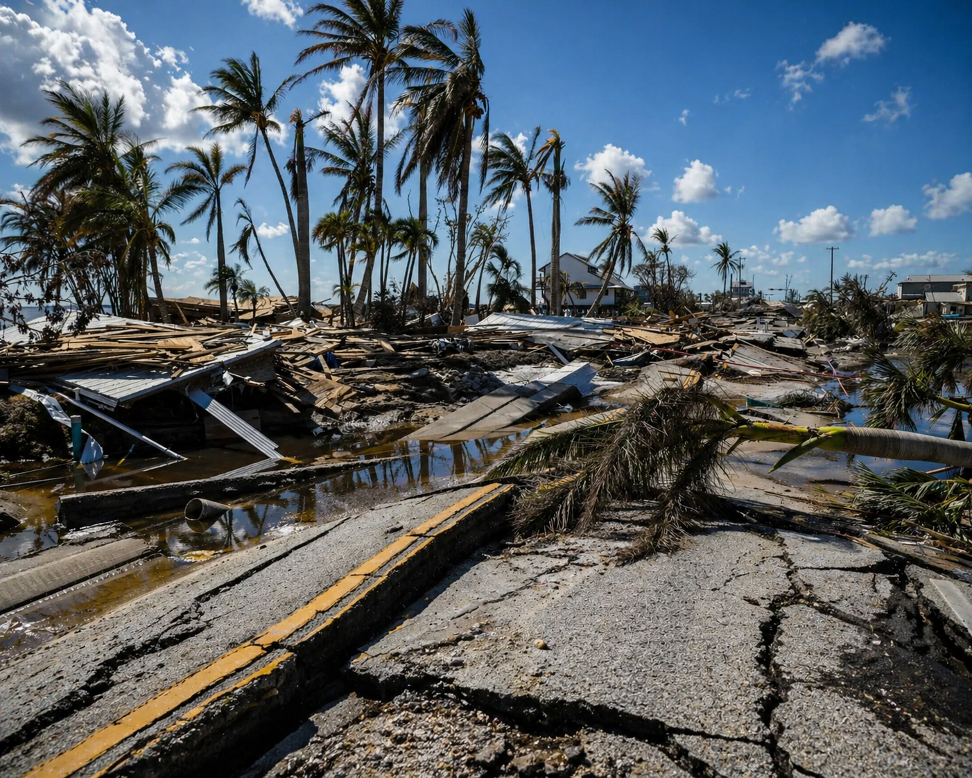 Hurricane Ian damage in Cape Coral showing destroyed roads, debris, flooding, and damaged palm trees near Pineapple Picasso’s local community
