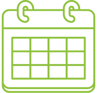 Green calendar icon representing upcoming art classes, creative workshops, scheduled events, and Splatter Spot sessions at Pineapple Picasso in Cape Coral, Florida.