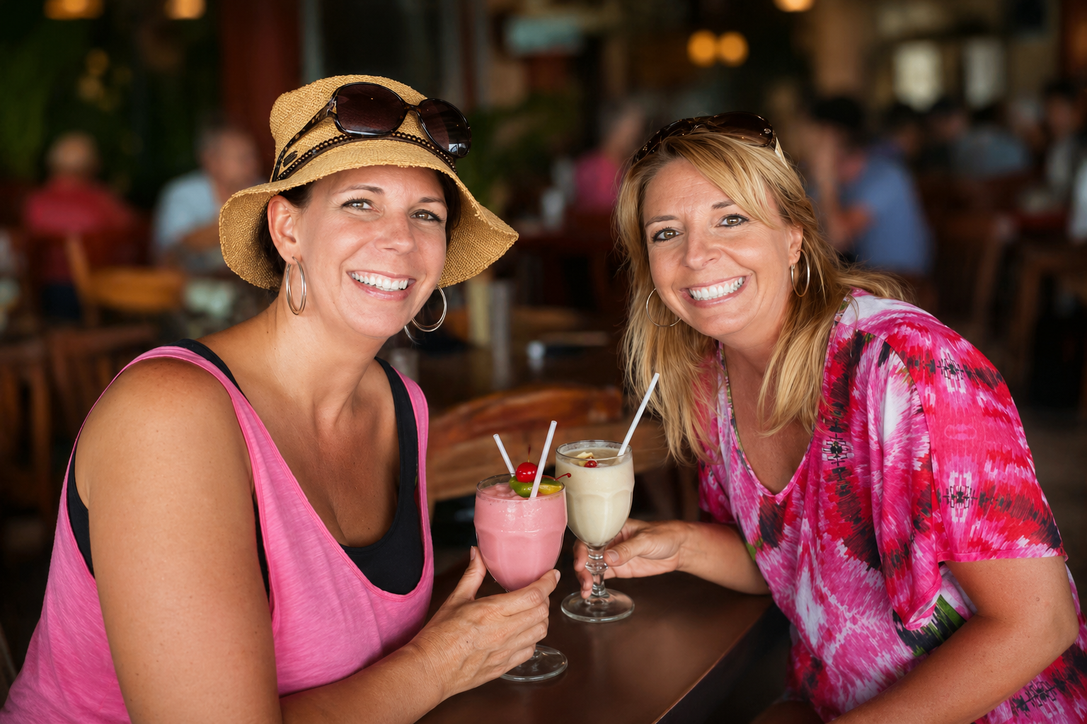 Two smiling women enjoying colorful tropical drinks together, reflecting the fun, friendship, and heartfelt inspiration behind Pineapple Picasso art studio in Cape Coral, Florida.
