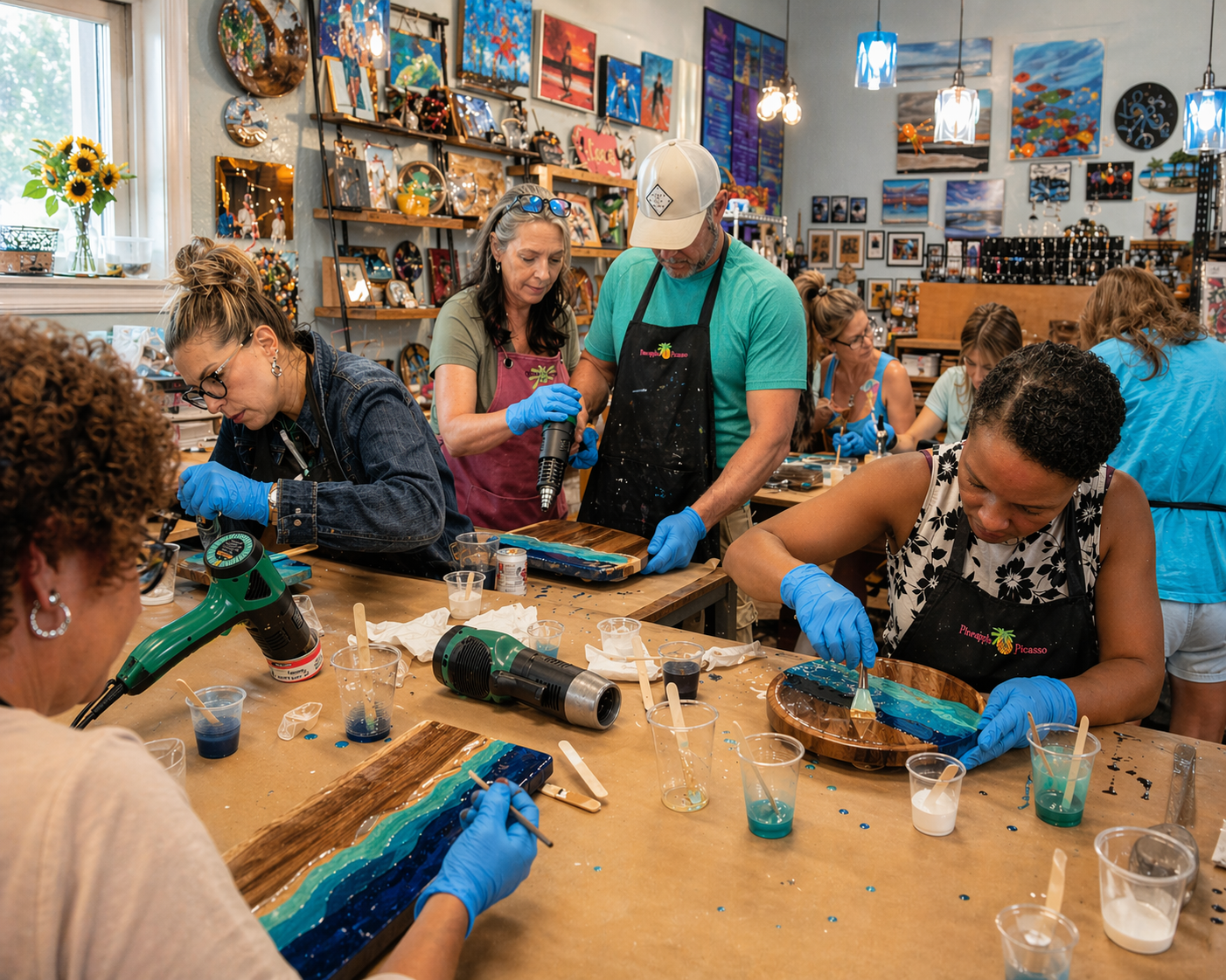 Adults creating resin art during a hands-on art class at Pineapple Picasso