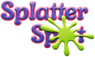 Colorful Splatter Spot logo with purple and pink lettering and a bright green paint splatter, representing Pineapple Picasso’s fun paint splatter experience in Cape Coral, Florida.