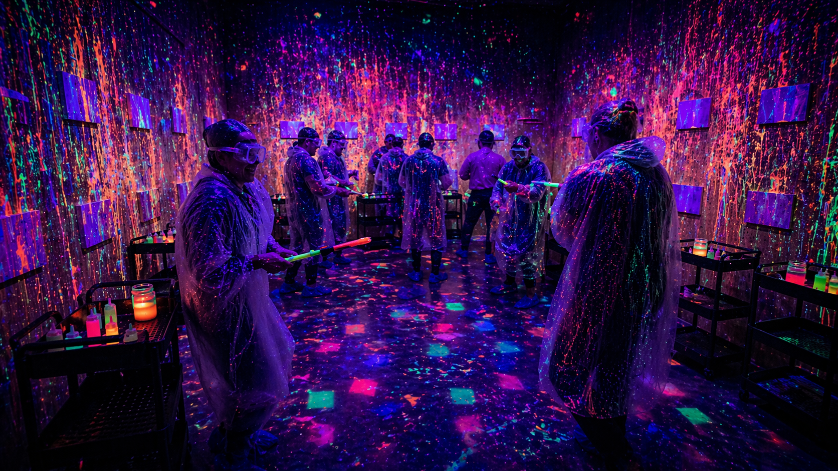 Group throwing neon paint in a splatter room