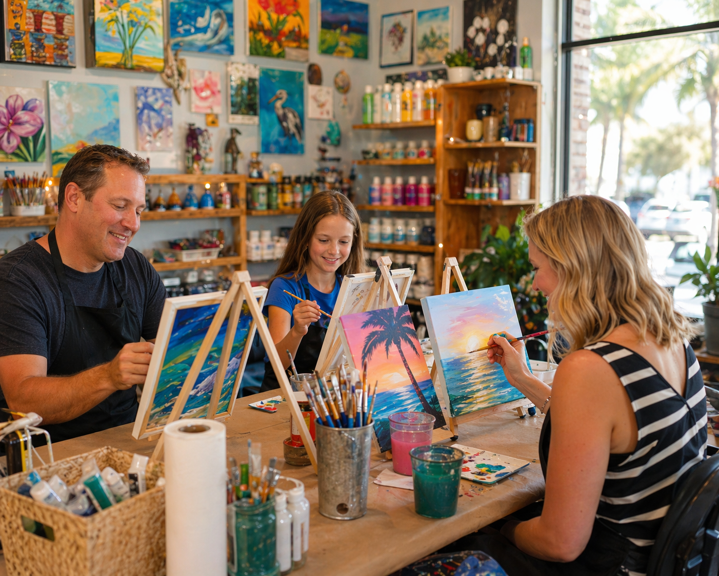 Family painting on easels during a hands-on art class in a colorful studio