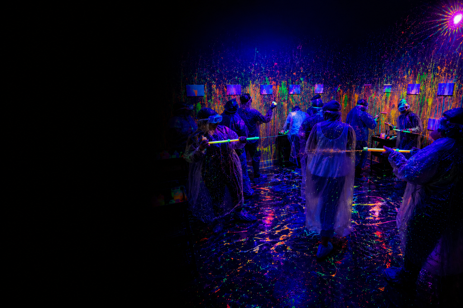 Guests wearing protective gear enjoy Pineapple Picasso’s neon Splatter Spot experience with blacklight paint, glowing colors, and interactive splatter art in Cape Coral, Florida.
