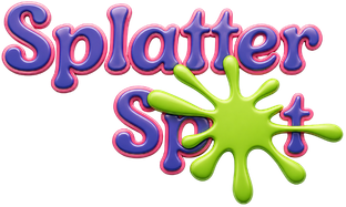 Colorful Splatter Spot logo with purple and pink lettering and a bright green paint splatter, representing Pineapple Picasso’s fun paint splatter experience in Cape Coral, Florida.