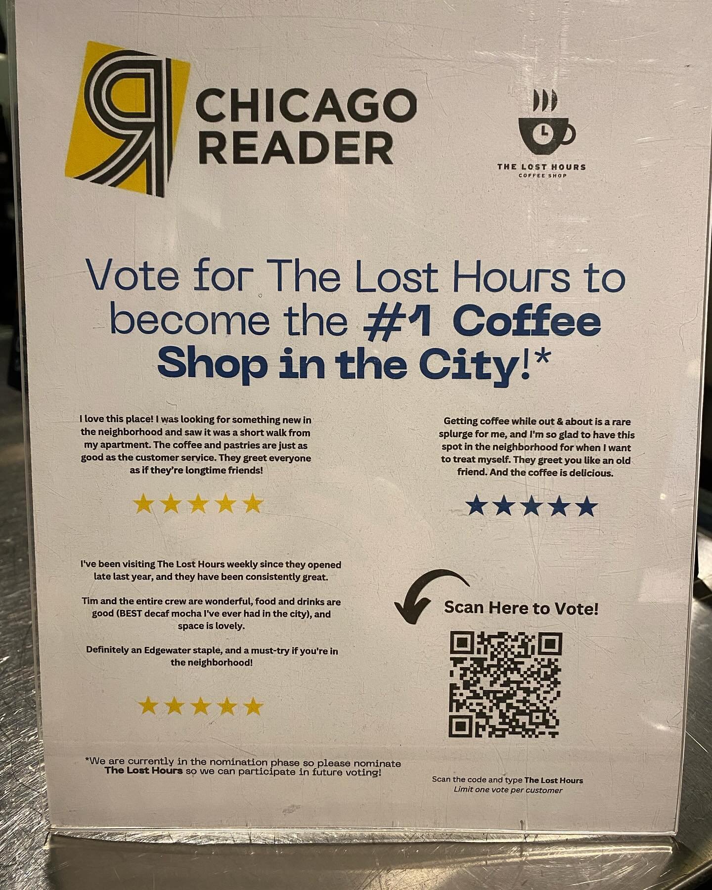 It&rsquo;s time to get out the vote&hellip;for the Best of Chicago!! The Chicago Reader Best of Chicago nominations are out! If you love The Lost Hours, we humbly ask for your vote for Best Coffee Shop. Just follow this link: https://bestof.chicagore