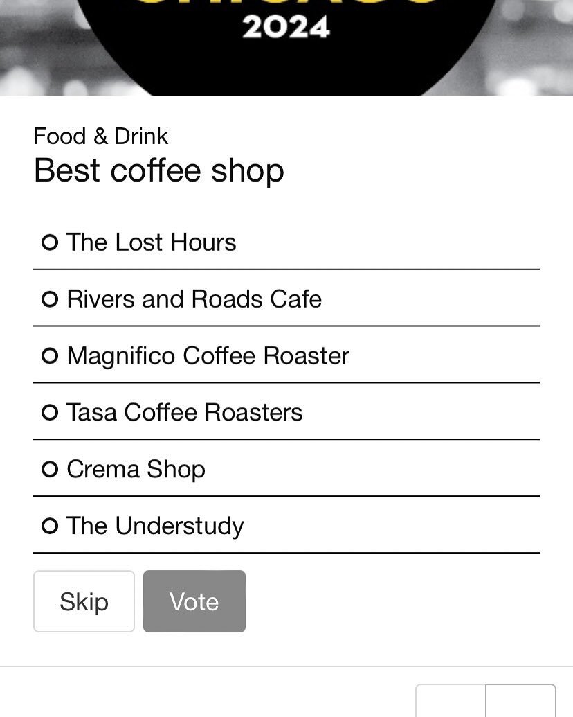 Thank you to all who voted The Lost Hours one of the best coffee shops in Chicago and barista extraordinaire Katie Quasius as best barista! This was one of my personal goals when I opened the shop last year. Thank you for making that goal a reality! 