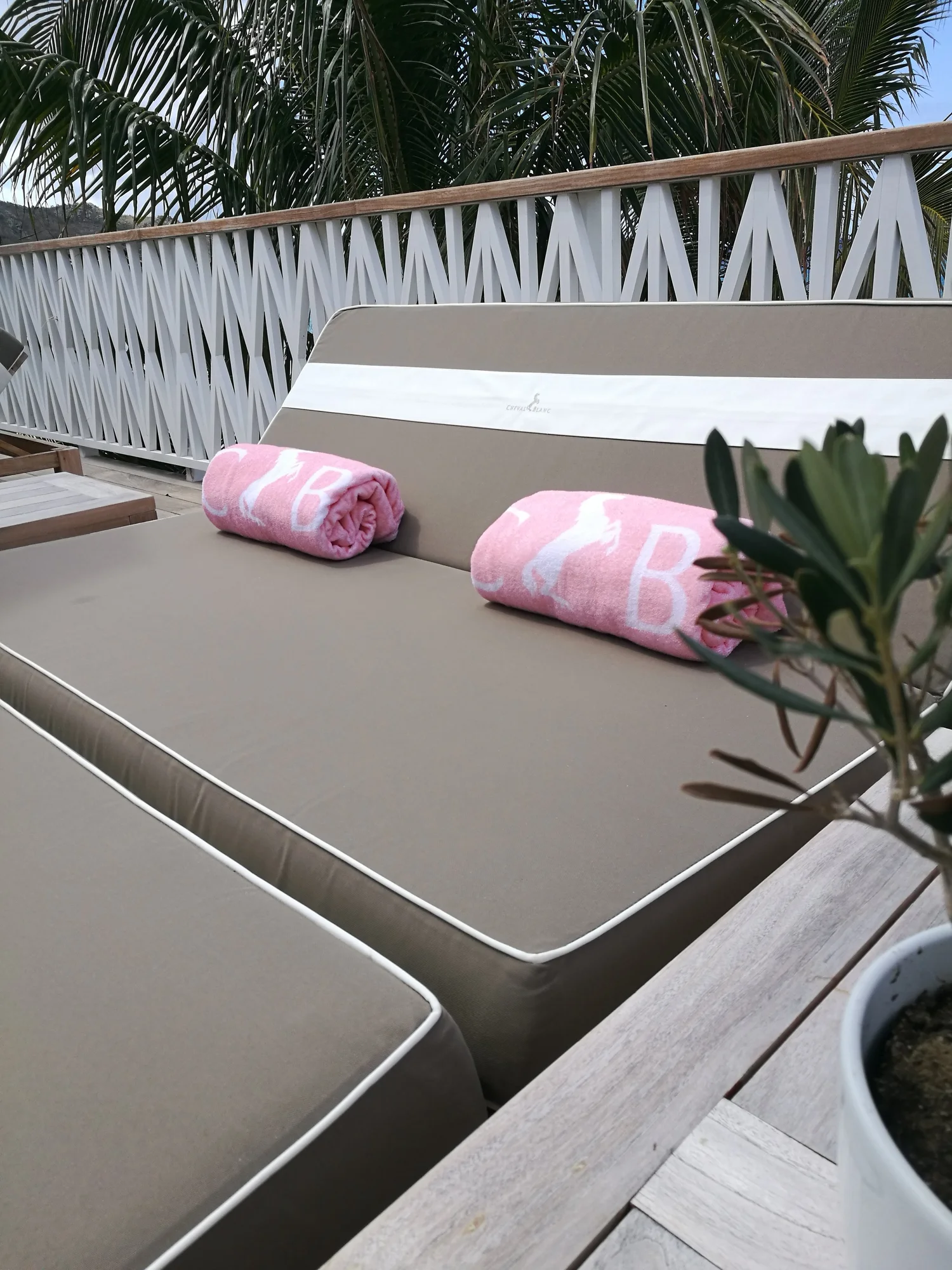 Hotel sunbeds dressed with custom embroidered towels