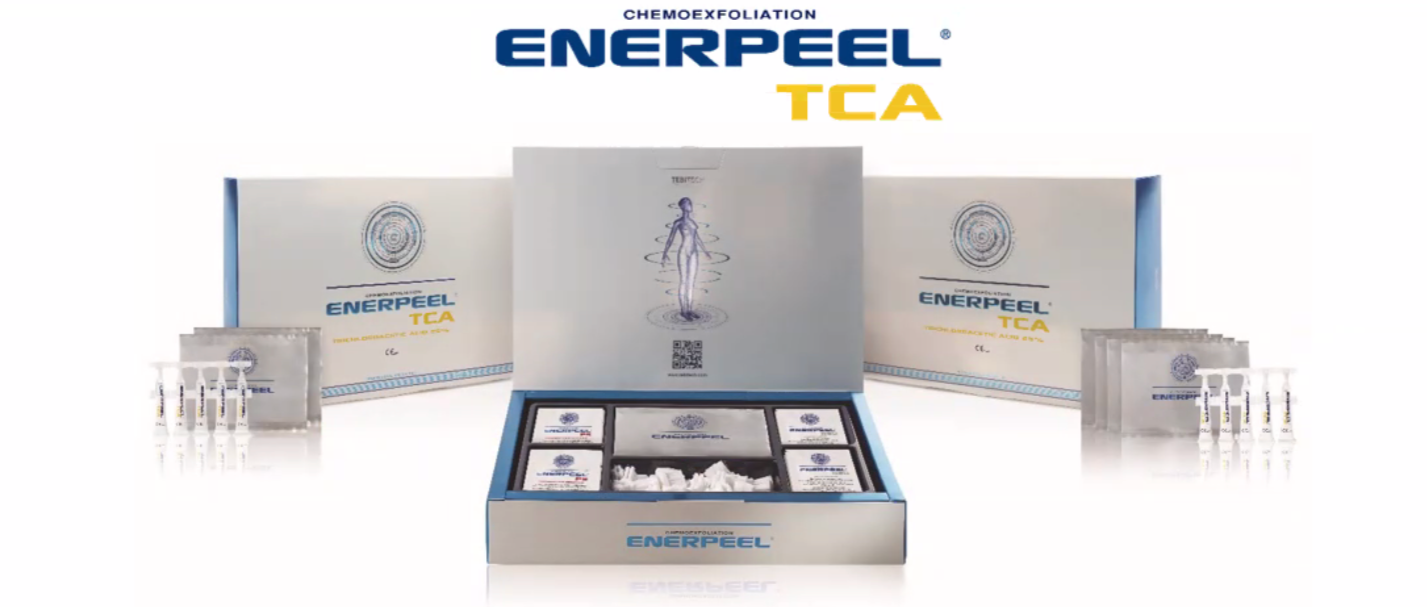 Display of Enerpeel TCA product boxes and ampoules, with packaging and informational materials, highlighting a skincare treatment.