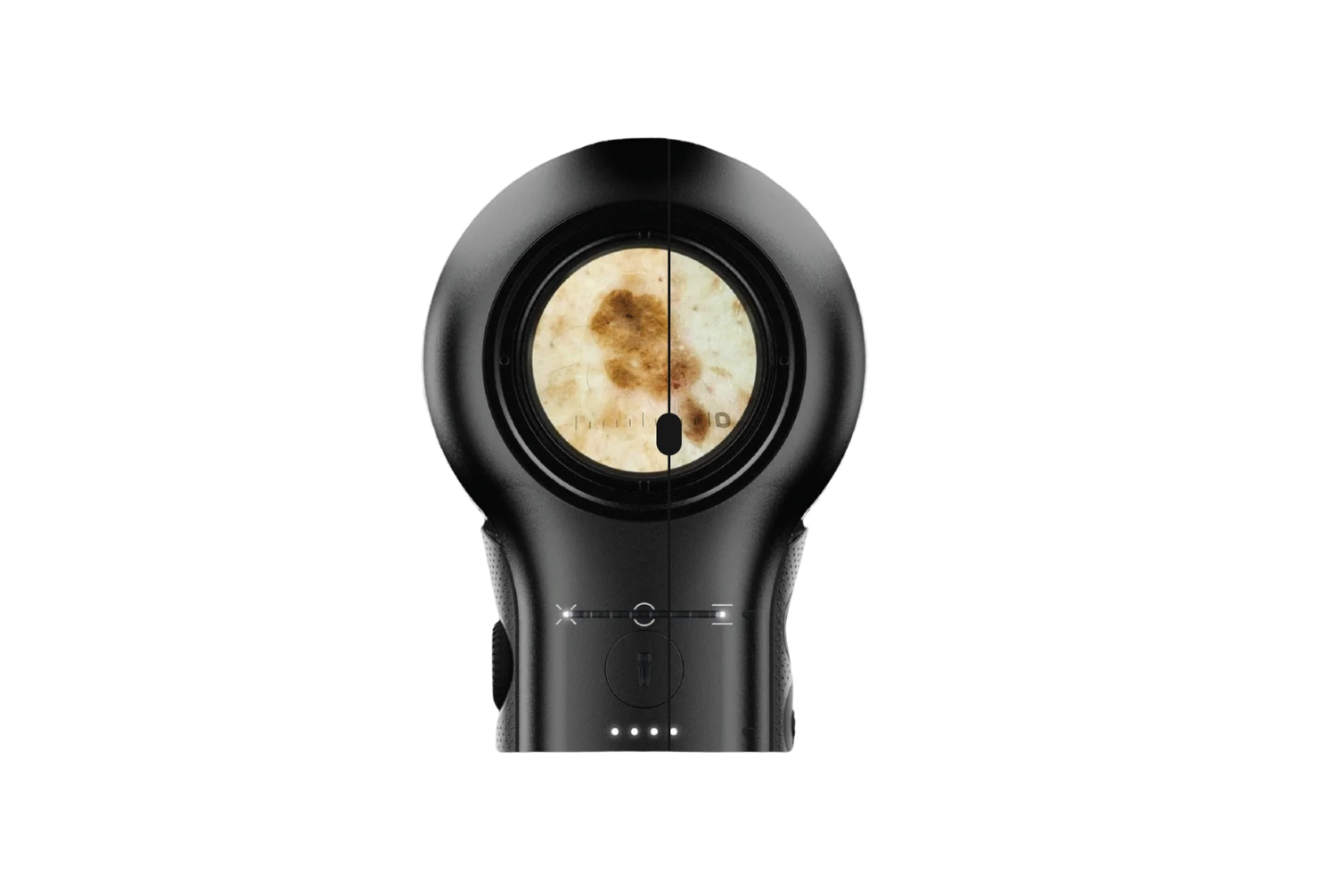 A digital microscope with a black handle and a round viewing lens showing a close-up of a brownish object or specimen.