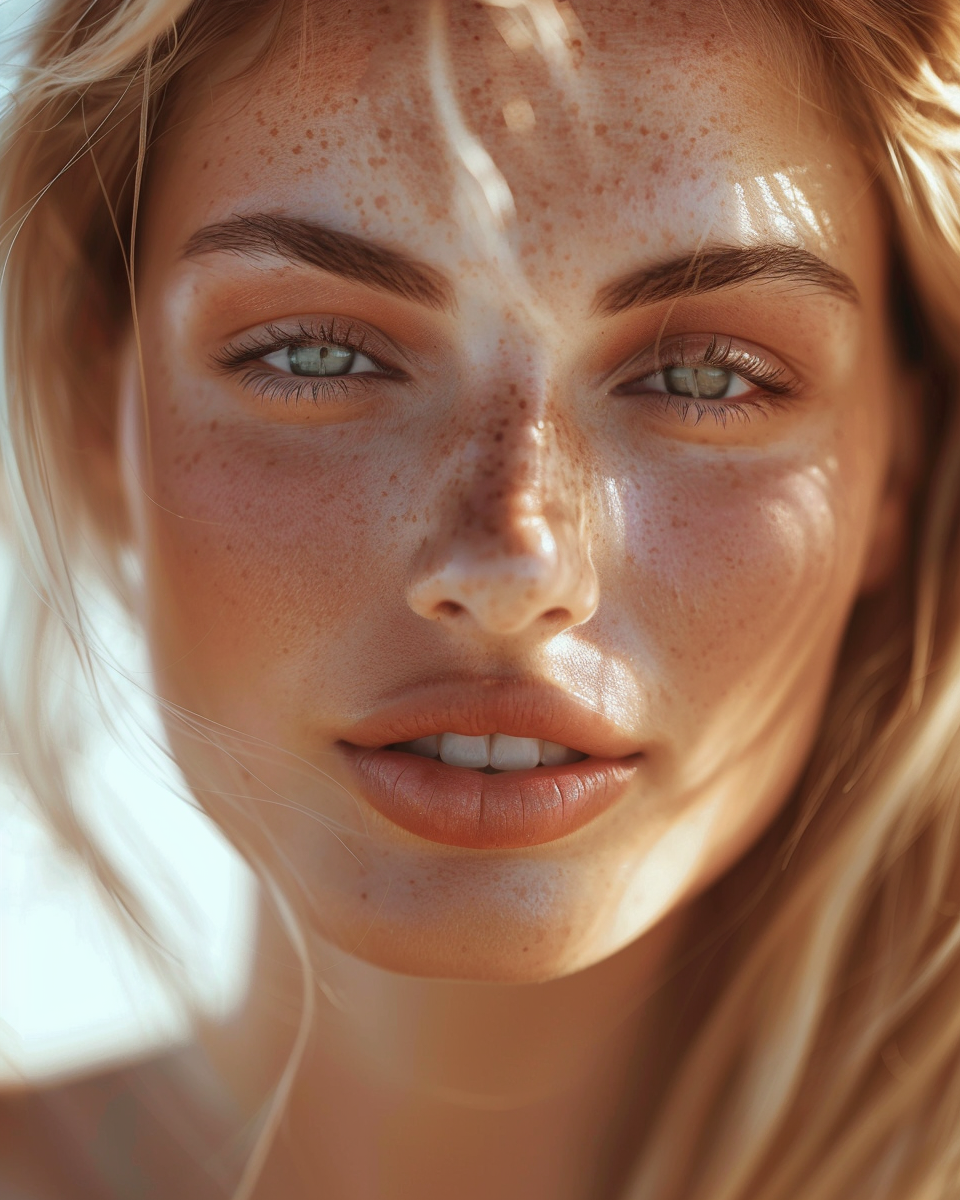 Close-up of a woman with light skin, freckles, and blue eyes, looking directly at the camera with sunlight highlighting her face.