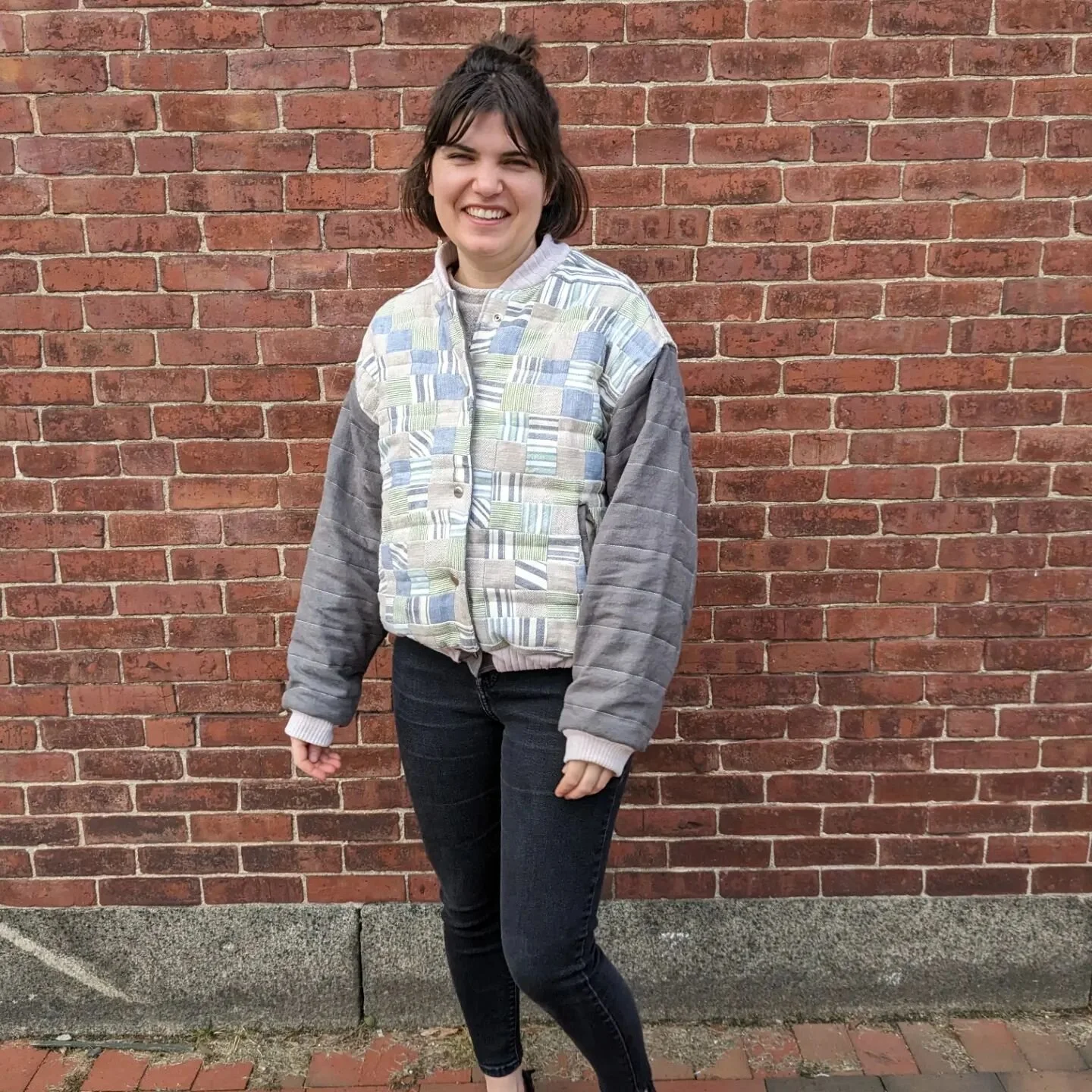 Have you ever wanted to look like a cute marshmallow? Me neither, but once I had the idea of a quilted varsity jacket there was no going back.

This was my first time quilting - it was so fun to piece together handwoven scraps for the body of the jac