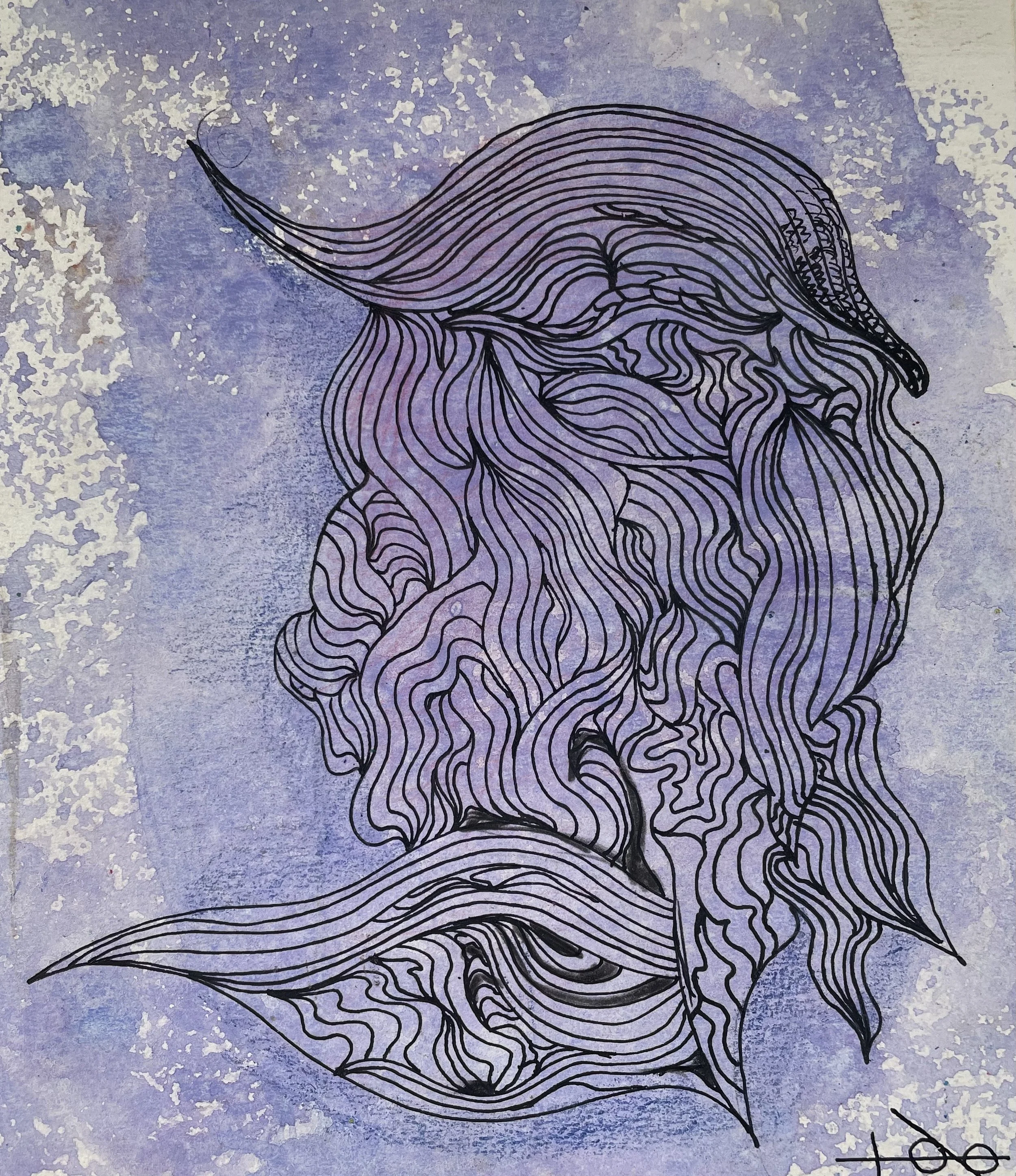 Abstraktes Kunstwerk mit fließenden Formen in lila und blauen Tönen, Linienmuster, das an Haare oder Wellen erinnert.