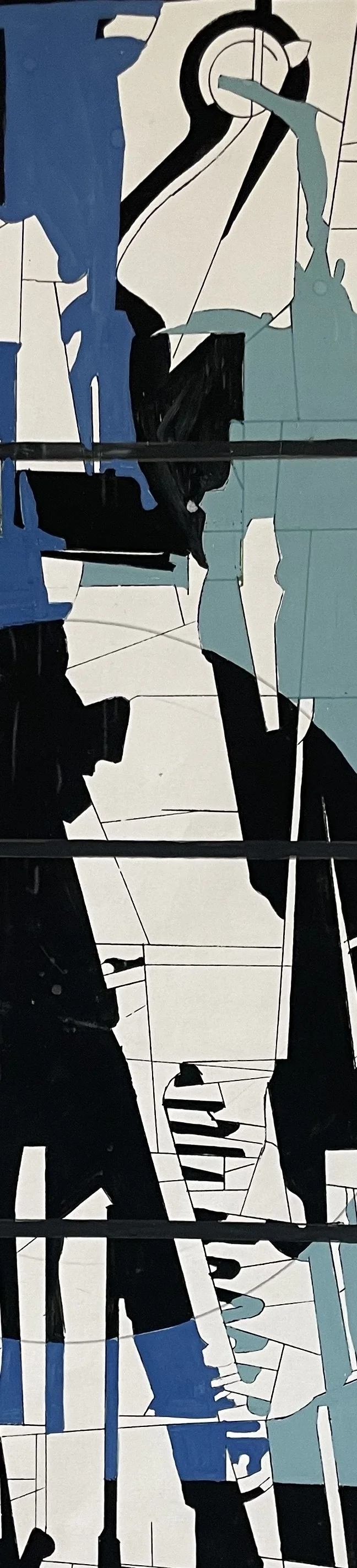 Abstrakte Kunst mit geometrischen Formen in Blau, Weiß und Schwarz.