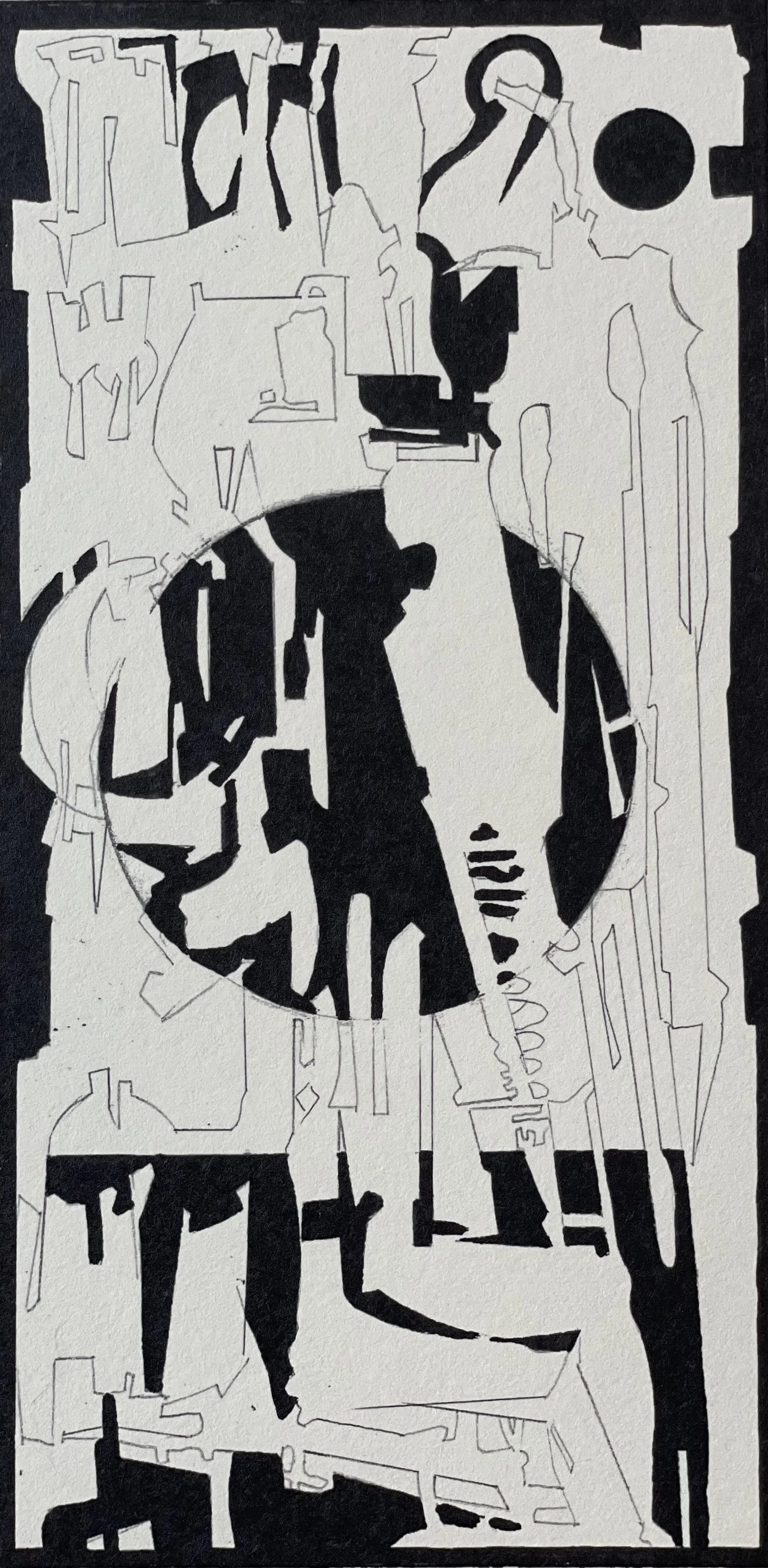 Abstrakte schwarz-weiße Grafik mit geometrischen Formen und Mustern