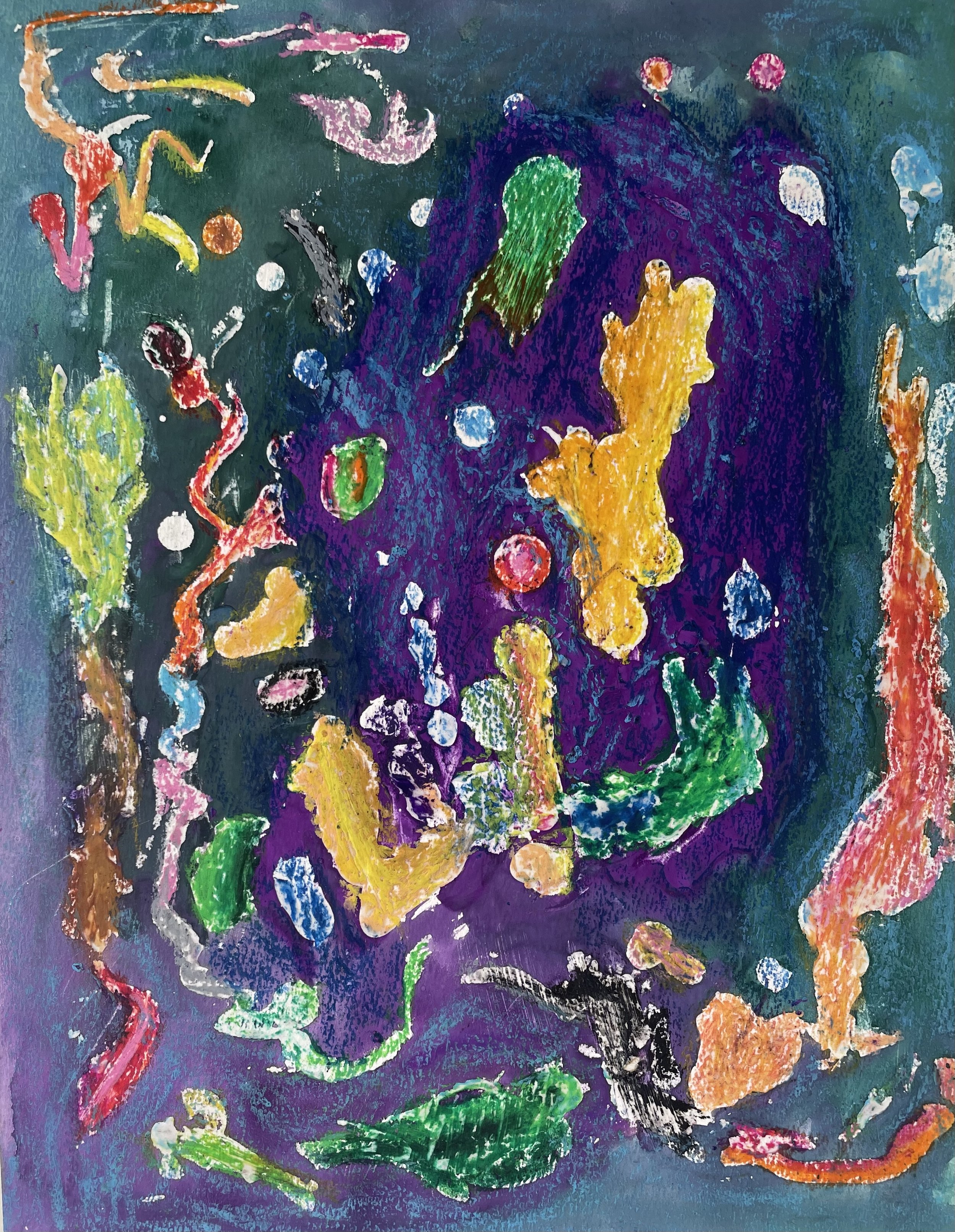 Abstrakte Kunst mit bunten Formen auf dunklem Hintergrund. Lebhafte Farben wie Gelb, Grün, Rot und Orange verteilen sich chaotisch und flüssig auf der Oberfläche, ohne klare Motive oder Strukturen. Der Hintergrund wechselt zwischen Dunkelblau und Lil