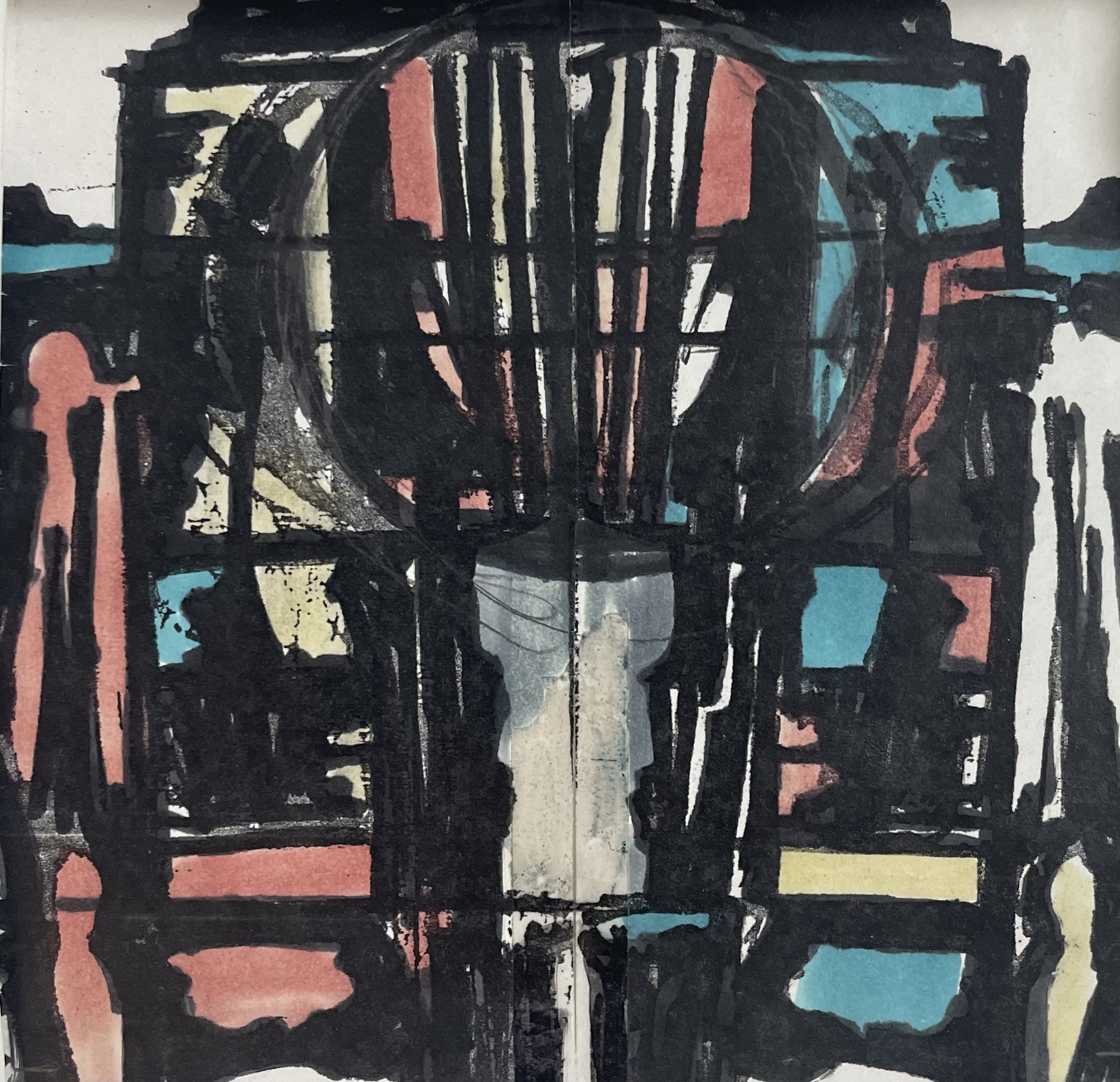 Abstrakte Komposition mit geometrischen Formen und Linien in Schwarz, Rot, Blau und Gelb.