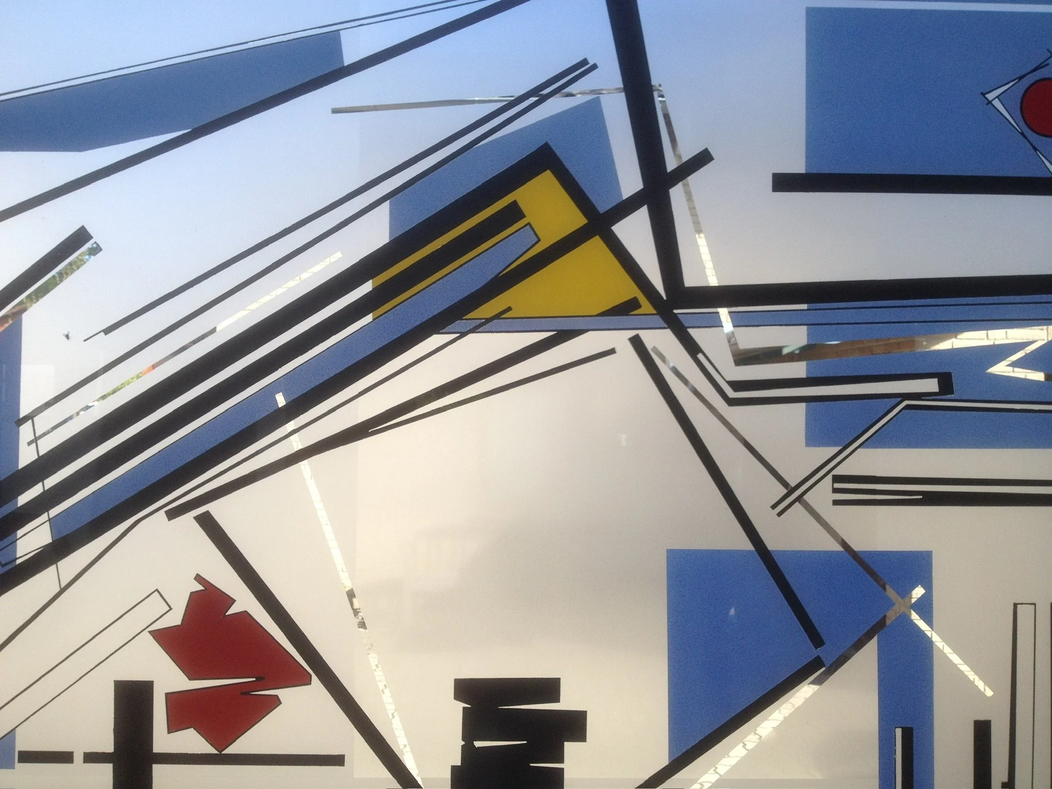 Abstrakte geometrische Kunst mit schwarzen Linien, blauen und gelben Formen Metamorphose.