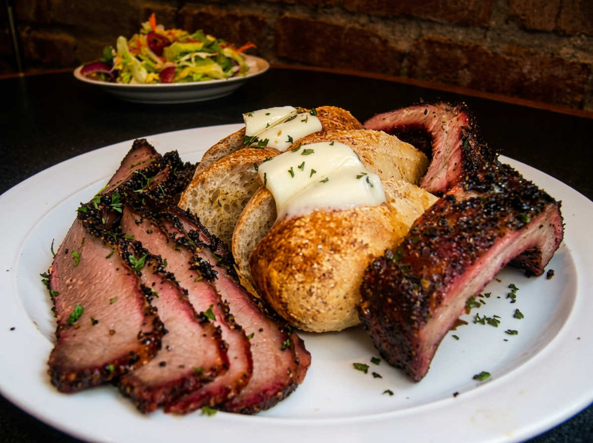 A plate with baby back rib bones, sliced smoked brisket, a bread roll with melted butter, and a side of salad in the background on a dark table.
