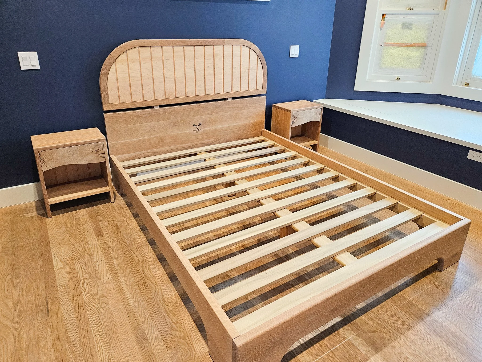 White oak bed and nightstands