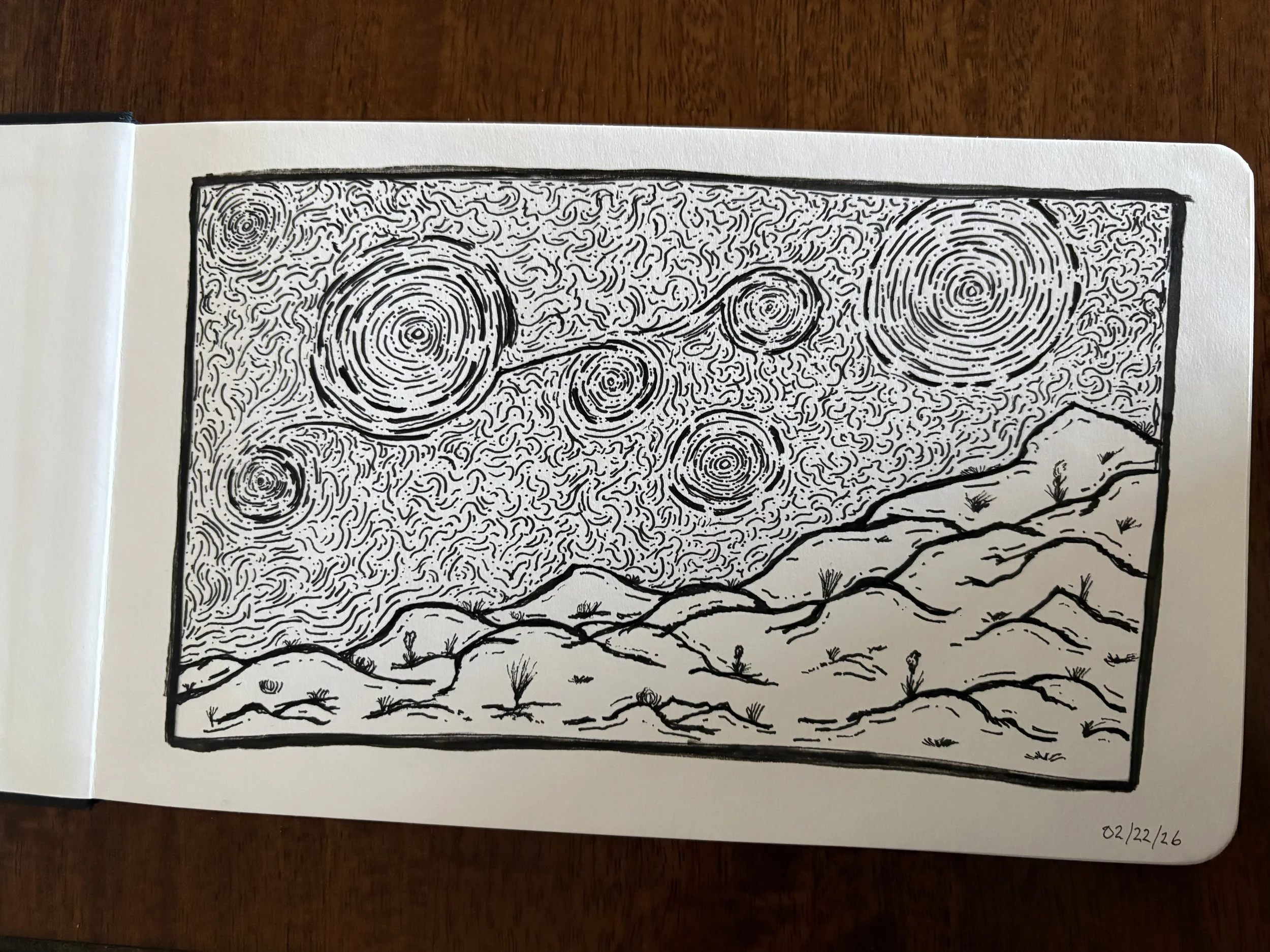 Van Gogh-inspired desert/mountains sketch (February 2026)