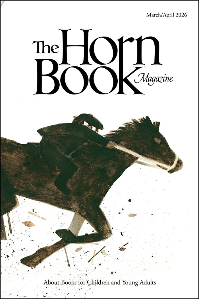 Horn Book Magazine Cover with a dramatic illustration by Jon Klassen of a child riding a horse